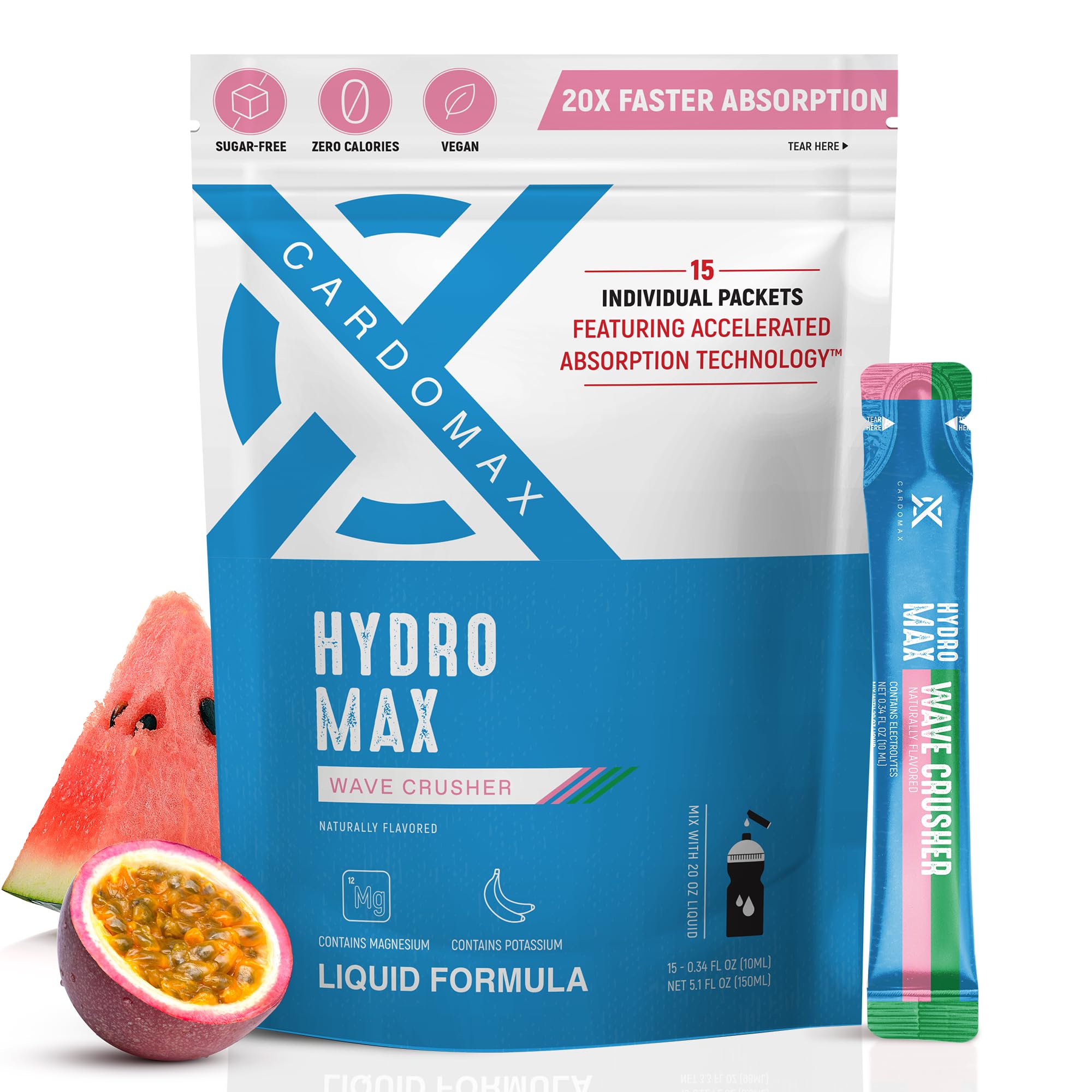 CardoMax Hydromax Electrolyte Drink Mix –Wavecrusher Flavor 15 Liquid Packets with Potassium & Magnesium – Sugar-Free, Keto & Vegan Electrolytes for Rapid Hydration Supplement