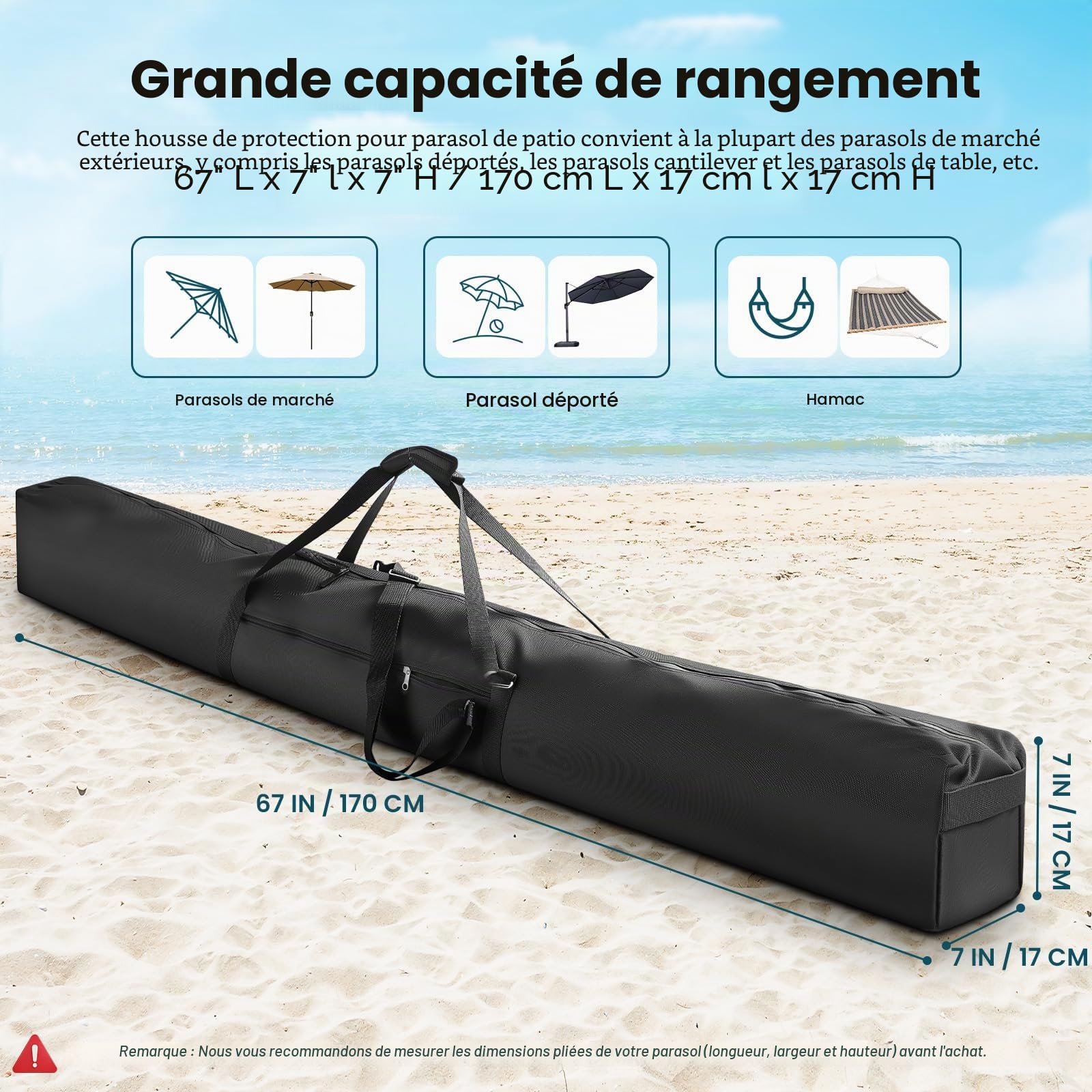 Sac de transport pour parasol de terrasse, sac de rangement pour parasol de plage 900D amélioré avec sangle de transport rembourrée et fermeture éclair à double ouverture imperméable, sac parapluie