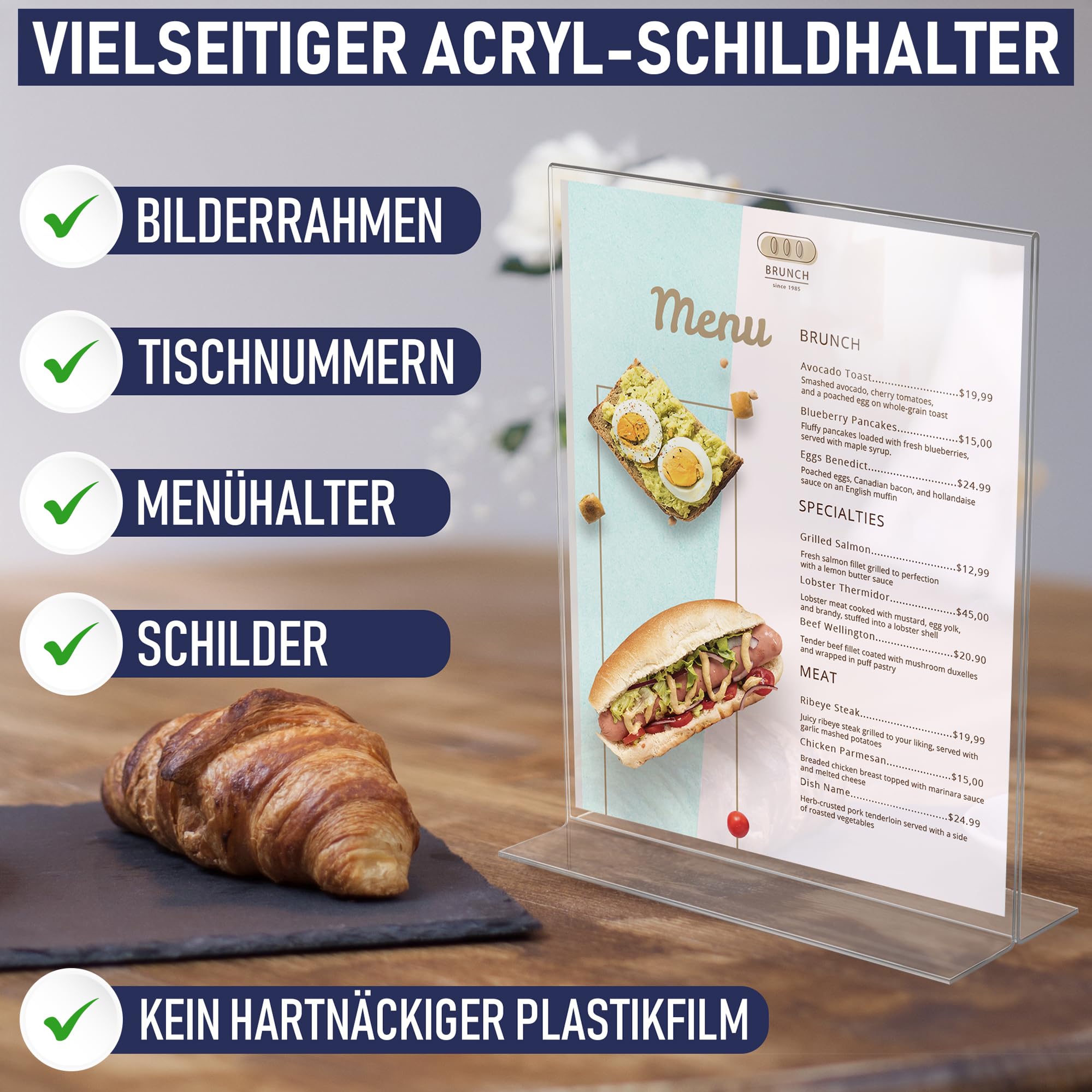 Acryl Schildhalter A4 - Acryl T-Ständer Schreibtisch Aufsteller, doppelseitig, Öffnung an Unterseite, Portrait, Speisekarte, Werbetafel. Perfekt für Restaurants, Werbung, Fotorahmen (A4 - 3 Stück)