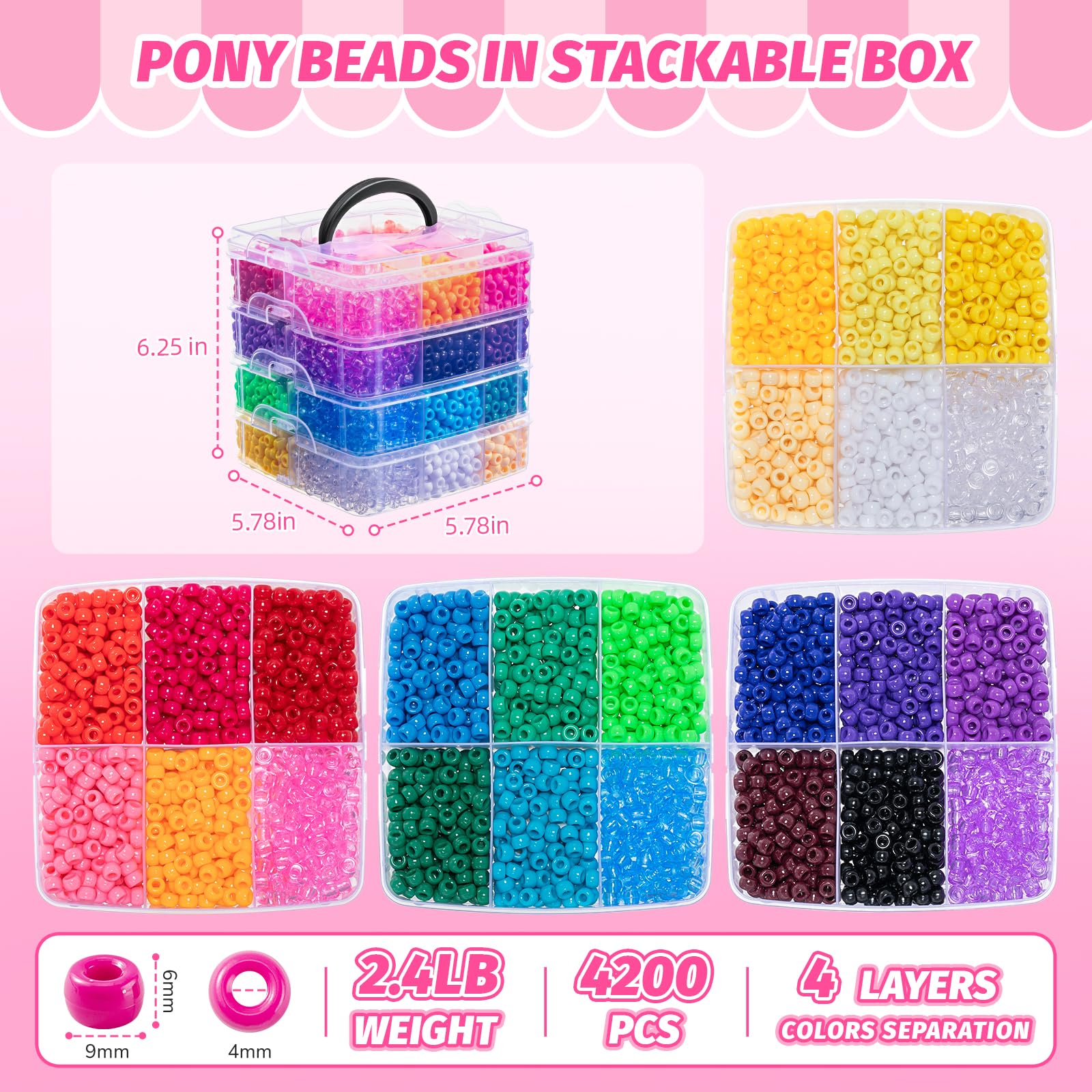 Simetufy 4200 cuentas de pony, 24 colores, cuentas Kandi para hacer pulseras | Plástico de 6 x 9 mm para trenzas de cabello, llavero, joyería, manualidades, 2.5 libras