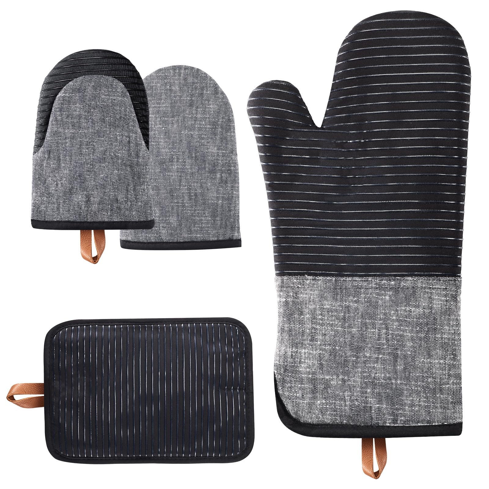 TIPTAP Kitchen Oven Mitts 4pcs Set- Non-Slip Cotton Oven Mitt & Pot Holders – Heat Resistant, Durable & Machine-Washable -One Long Mit, Two Mini Oven