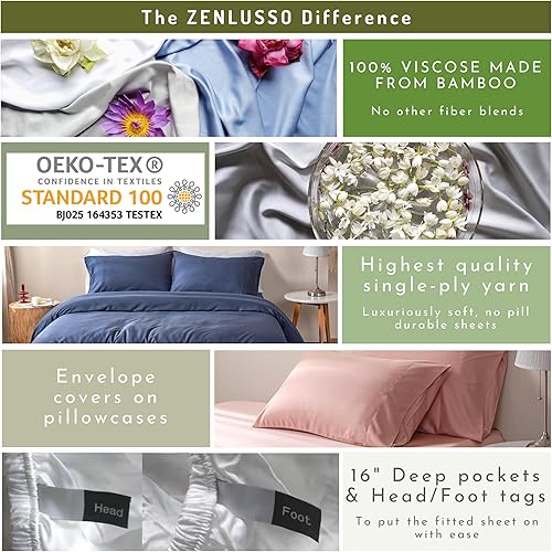 Miniatura 3 de ZENLUSSO Juego de sábanas matrimoniales, 100% viscosa hecha de bambú, refrescantes, etiquetas para pie de cabeza con bolsillo profundo de 16