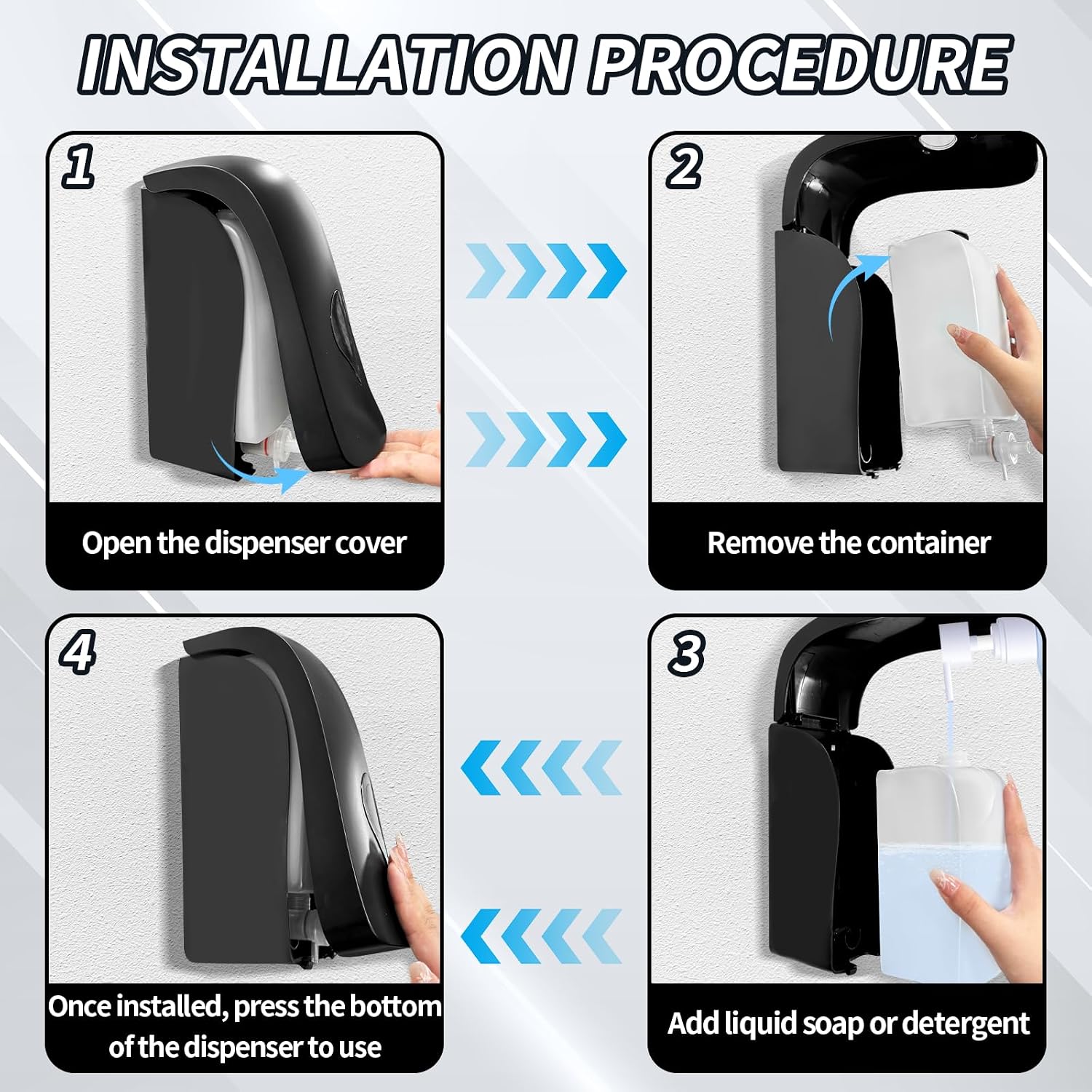 1000ML Soap Dispenser, Wall Mounted Liquid Soap Dispenser, Manual Gel Liquid Shampoo Detergent Container for Bathroom Kitchen Hotel School Office USE HAND SANITISER Sign Stickers (Black)