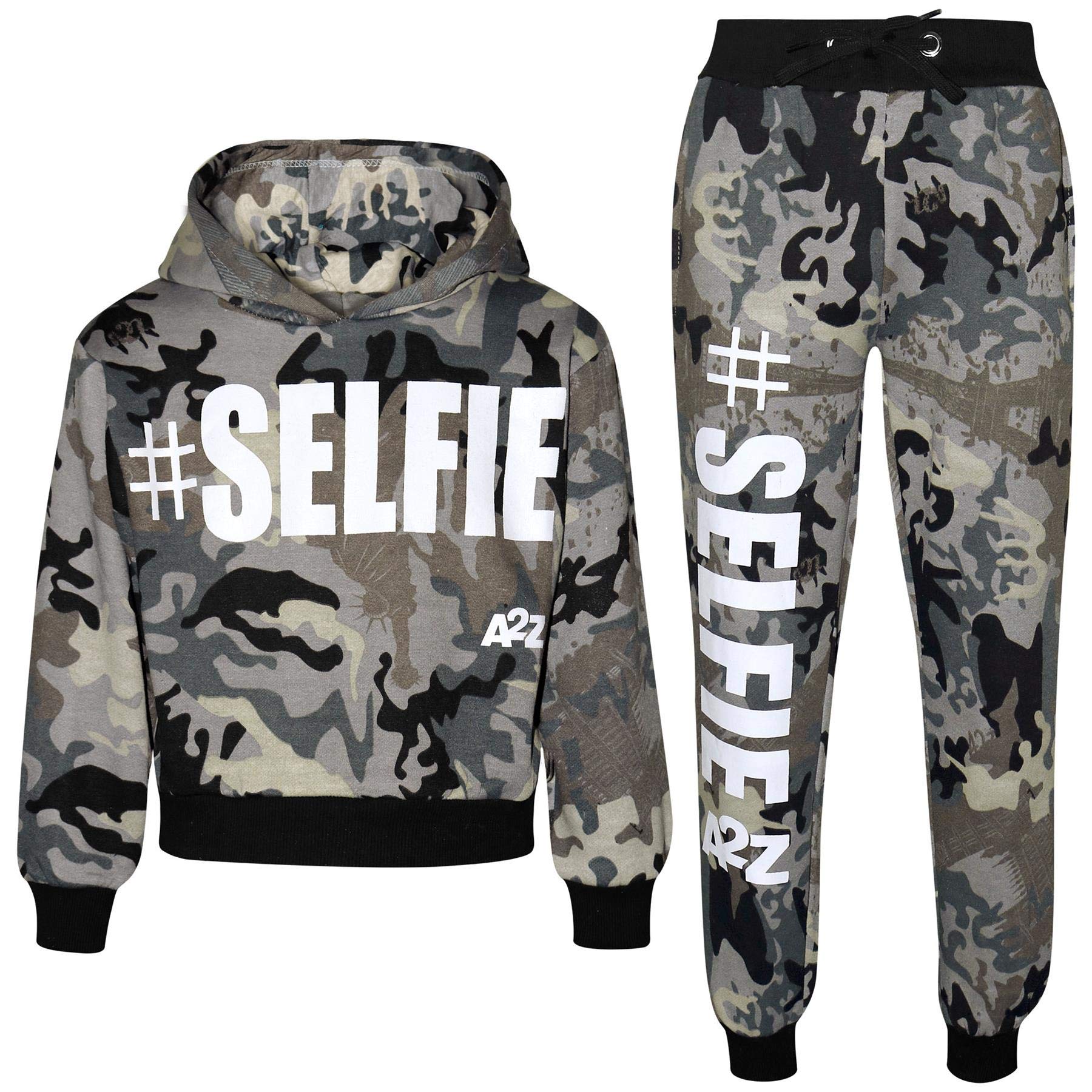 A2Z 4 Kids Enfants Filles Garçons Survêtement Designer Gris #Selfie Imprimer Toison Encapuchonné Crop Top Bottom Jogging Costume Joggers Âge 5-13 Ans