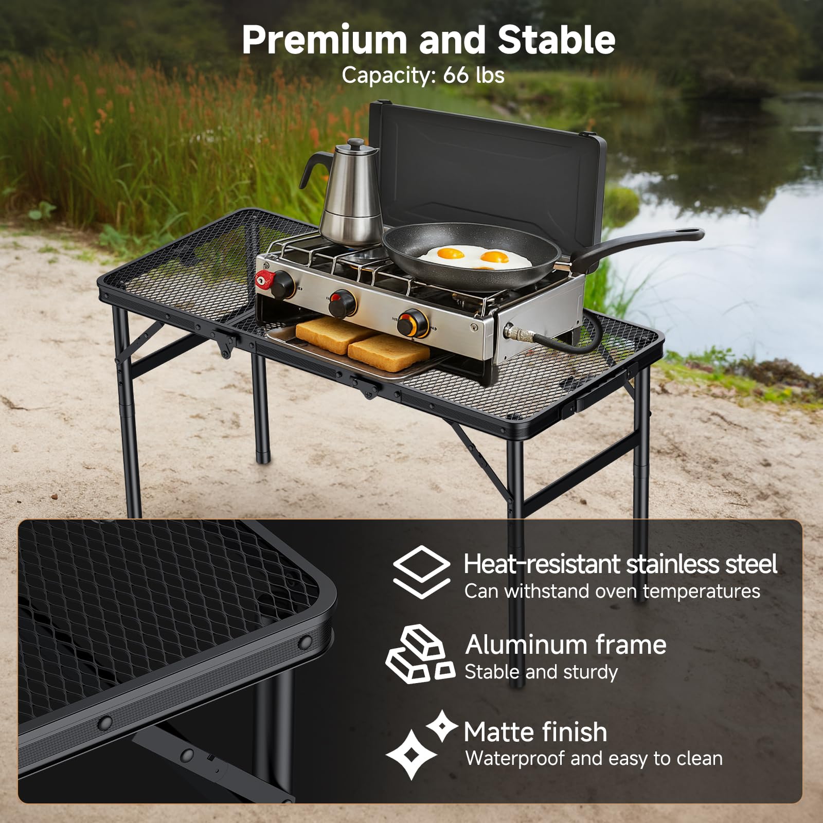 Tavolo da Campeggio Pieghevole, 86,9x39,9 cm, 3 Altezze | Piano in rete di alluminio nero a 3 pieghe, maniglia integrata, altezza max 69,9 cm, per picnic, giardino e patio