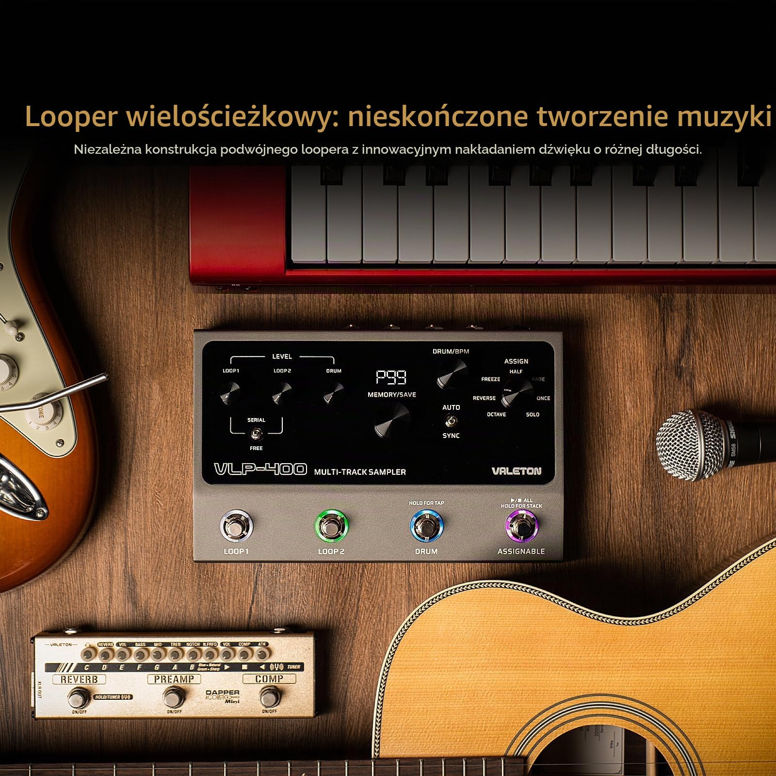 Valeton Looper Pedal Dual Track Stereo Looper do gitary, basu, keyboardu, 7 efektów pętli, 99 miejsc do przechowywania projektów, obsługa oprogramowania VLP-400