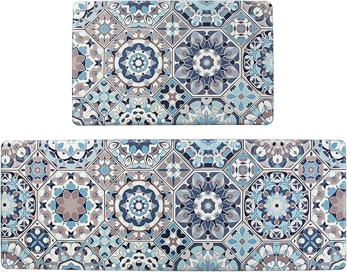 Miniatura 8 de Alfombras de cocina de 2 piezas, antifatiga, para piso, PVC, impermeables, antideslizantes, acolchadas, coloridas y bohemias, alfombra de pasillo de
