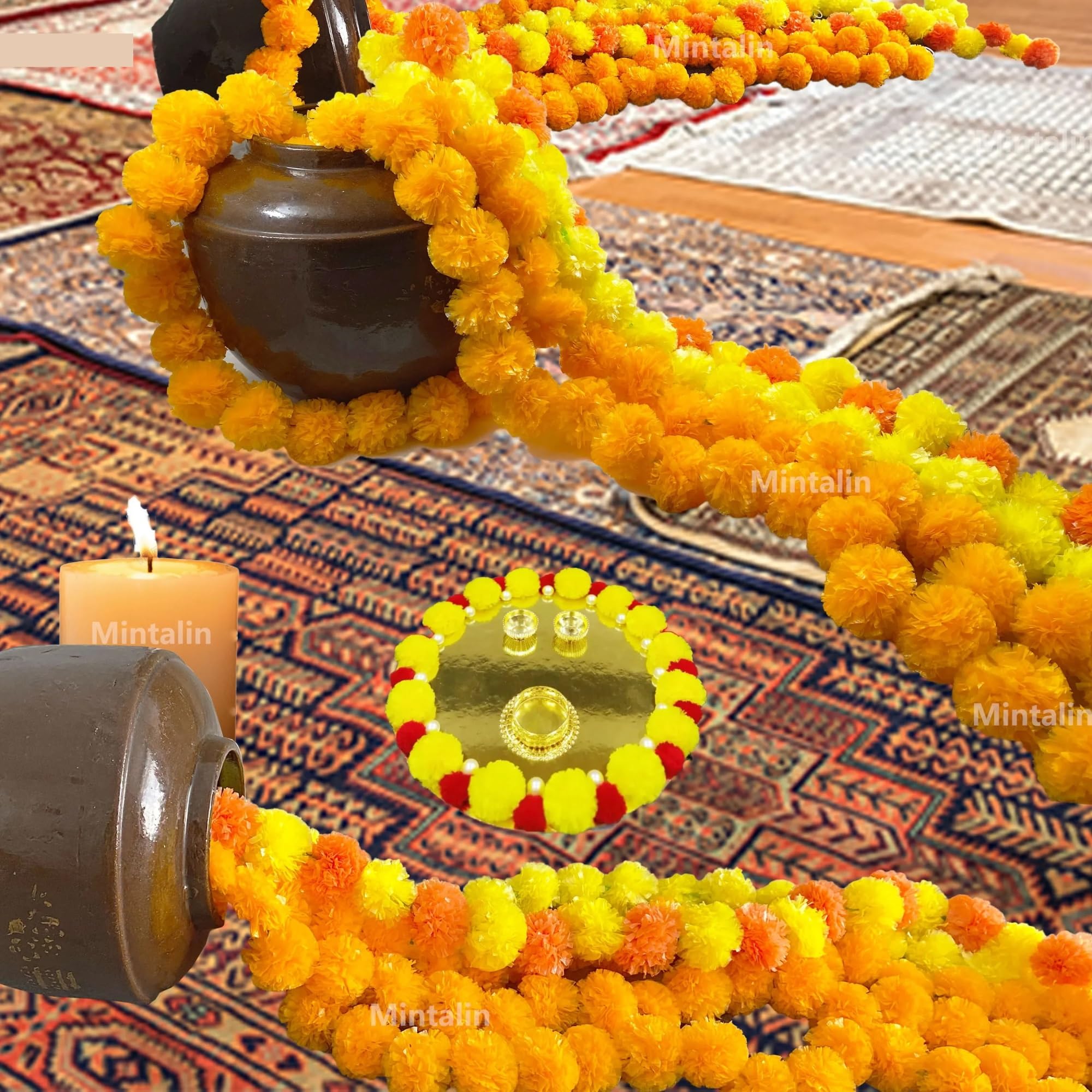 piante finte Ghirlanda di fiori calendula con зo, artificiali for Diwali Home fai da te Decorazione artigianale Festa nozze per decorazione(Roseo Yellow,5pcs)