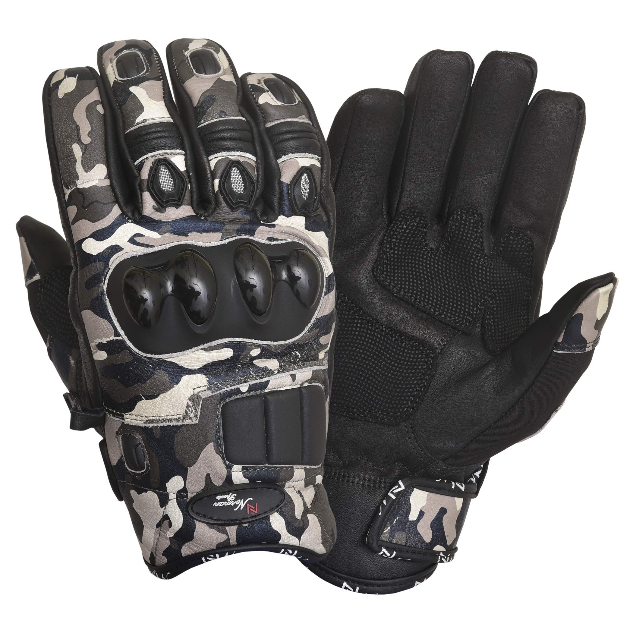 NORMAN Short Leather Knuckle Protection Motorbike Motorcycle Gloves Camo (S)