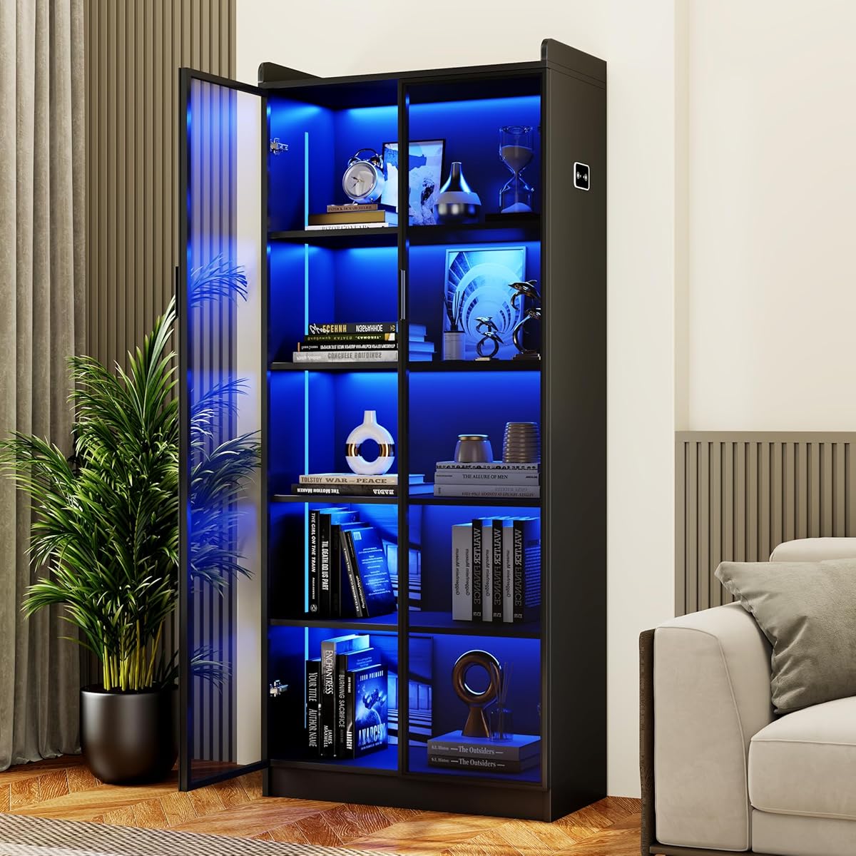 Display Cabinet with Doors and Adjustable Shelves, 65" Tall Bookcase with LED Lights/Human Sensor, 5 Tier Display Case for Collectibles Bedroom Living Room Office, Black