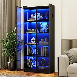 Display Cabinet with Doors and Adjustable Shelves, 65" Tall Bookcase with LED Lights/Human Sensor, 5 Tier Display Case for Collectibles Bedroom Living Room Office, Black