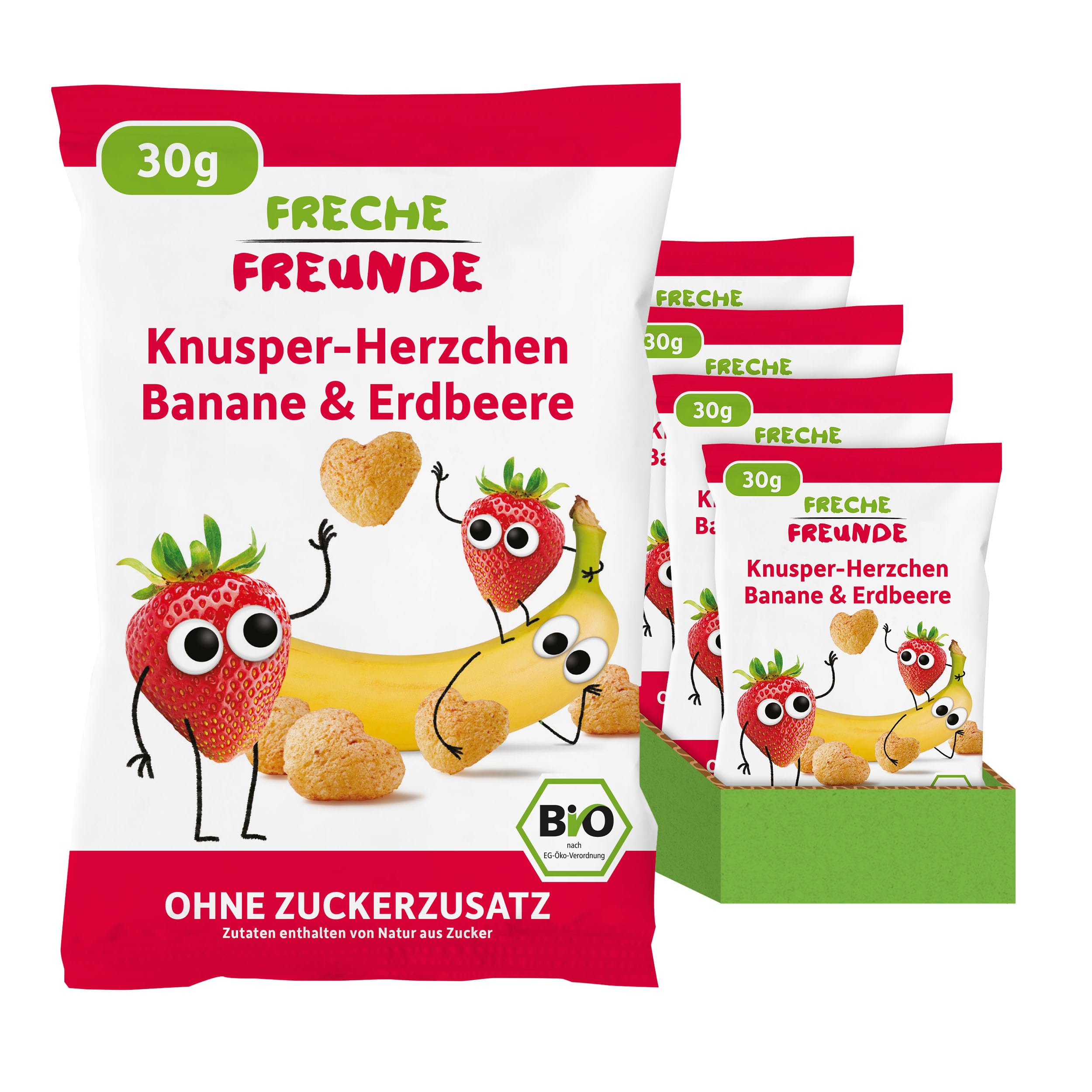 FRECHE FREUNDE Bio Knusper Herzchen aus gepufftem Mais, mit Bananen und Erdbeerpulver, fruchtig-süße Knabberei für Kinder, vegan, glutenfrei, 9er Pack (9 x 30g)