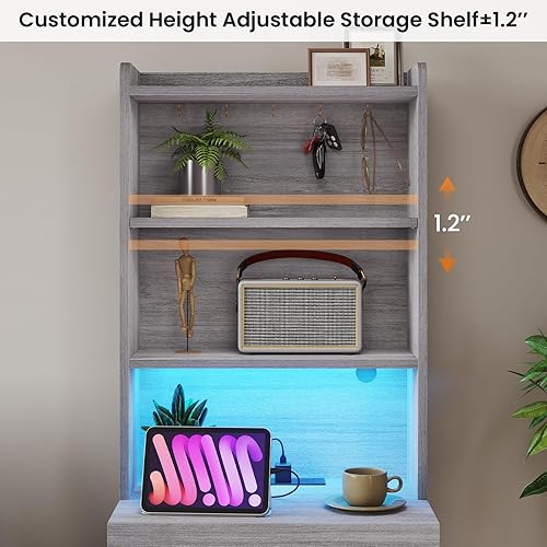 Miniatura 6 de VIAGDO Juego de 2 mesitas de noche altas con estación de carga y luces LED, juego de 2 mesitas de noche grises con estantería, modernas mesas de