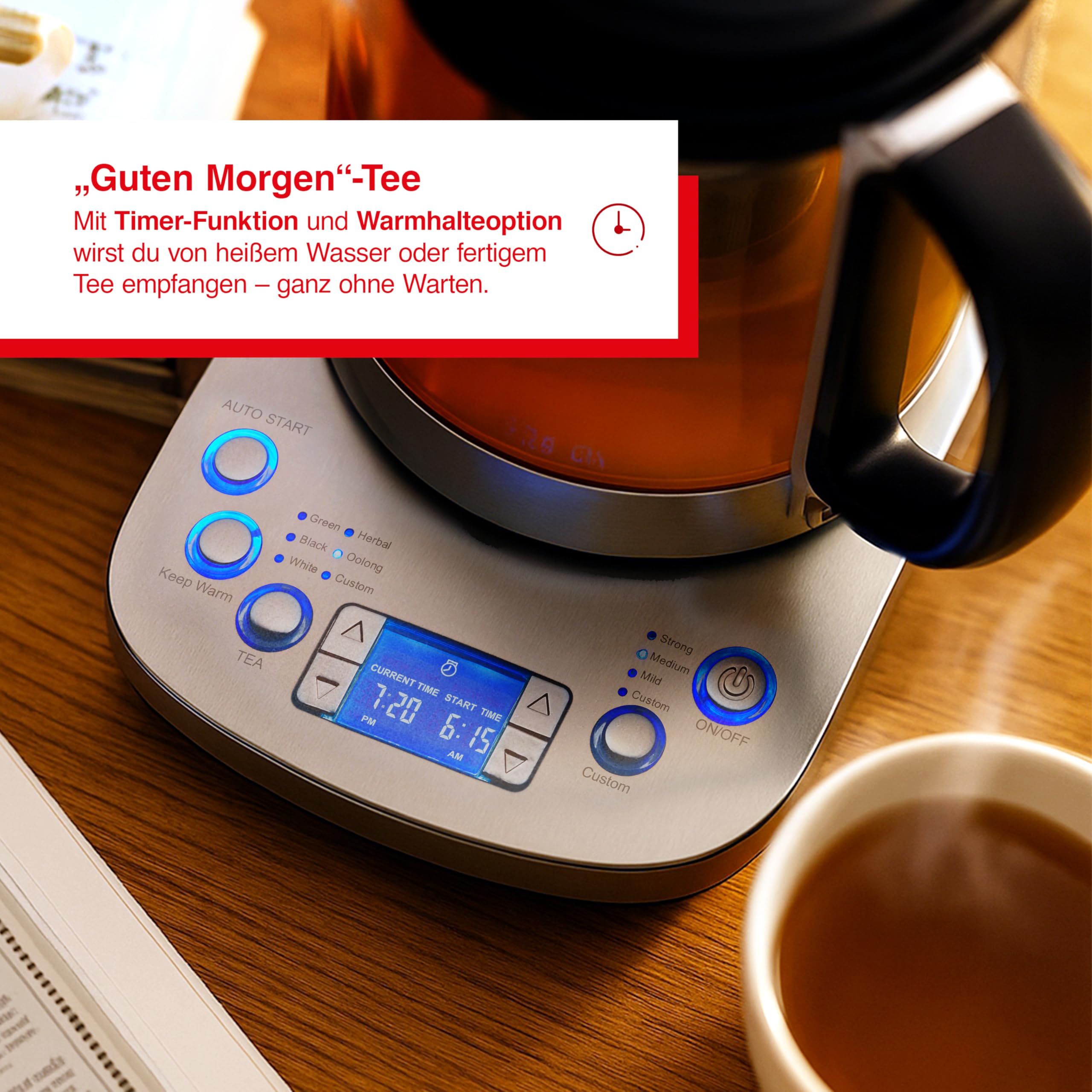 Solis Tea Kettle Automatic 5518 - Wasserkocher mit Temperatureinstellung - Teekocher - Timerfunktion - Integriertes Teesieb - 1,7 Liter Kanne