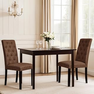 CHUN YI Dining Chairs Set of 2, Button Tufted Upholstered Fabric Dining Room Chairs with Solid Wood Legs, Modern Parsons Chair Side Chair for Kitchen/Restaurant/Hotel, Brown