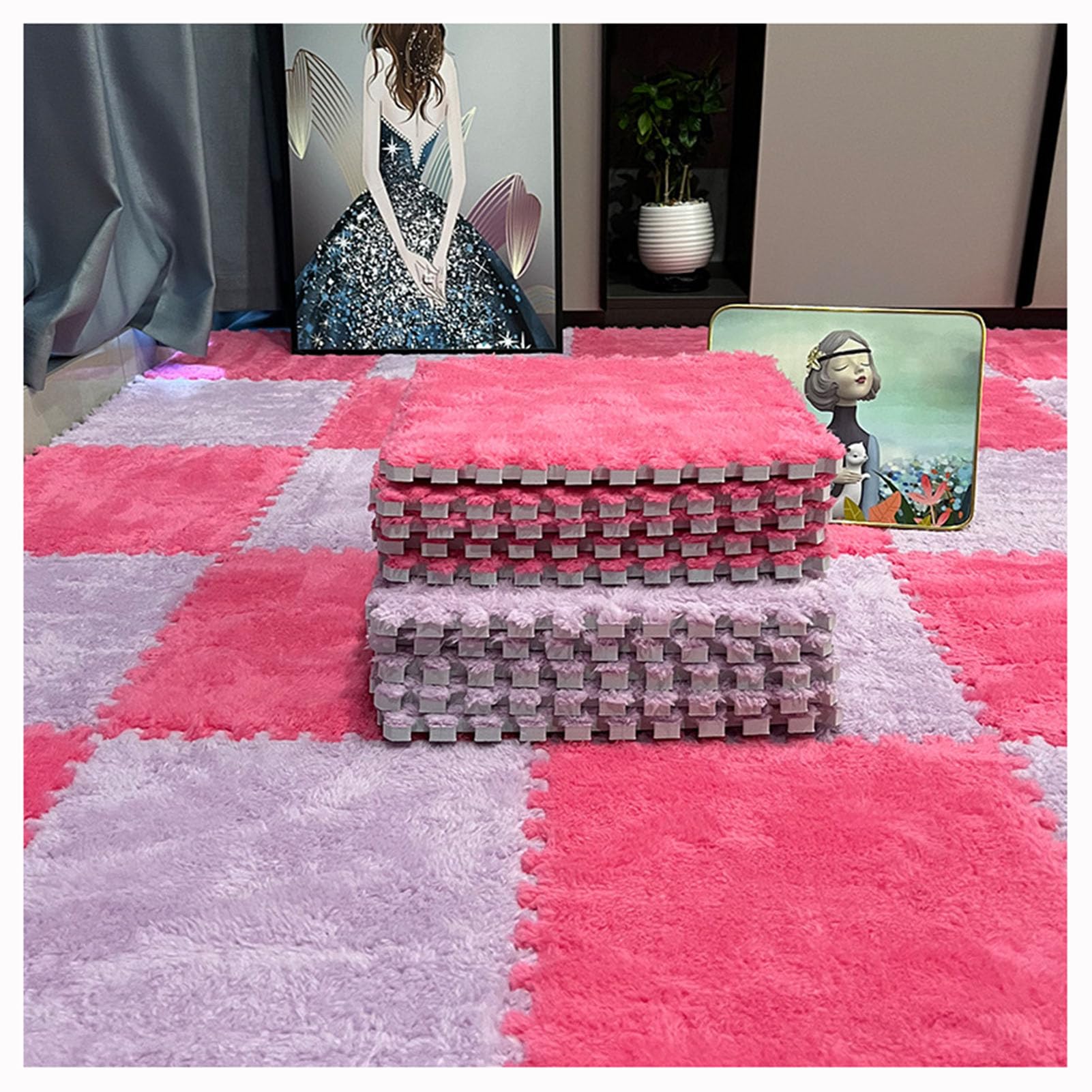 Splice Interlocking Carpet Tappetini in Peluche ad Incastro, 10 Pezzi, Tappetino da Gioco in Schiuma Puzzle di Peluche, Tappeto Quadrato in Schiuma, Tappeto in Schiuma PE,Purple+Rose Red-1cm