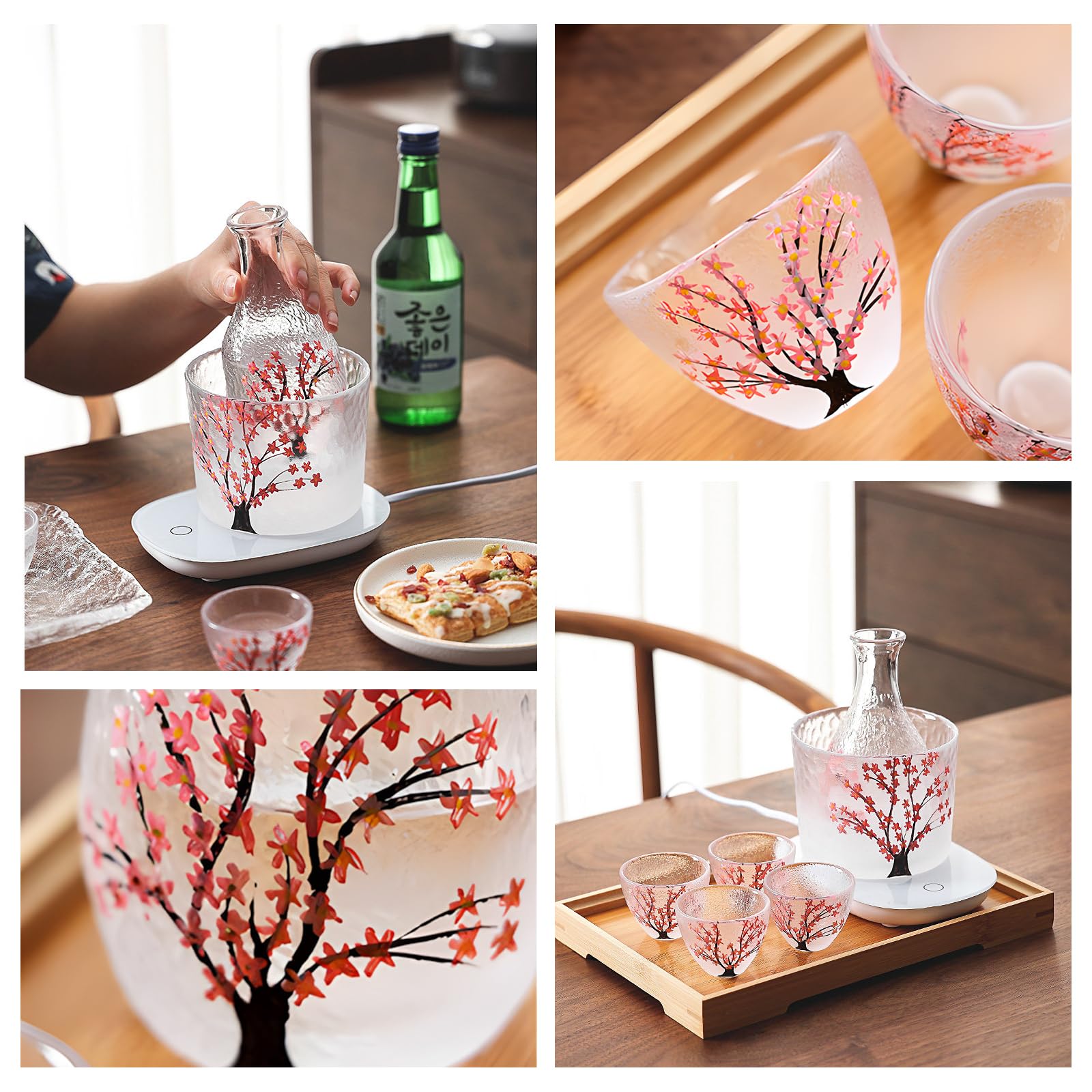 Nimblyne Lot de 6 sakés japonais : 1 bouteille de saké, 1 récipient à saké et 4 gobelets à saké en verre fait à la main avec des fleurs de cerisier rose