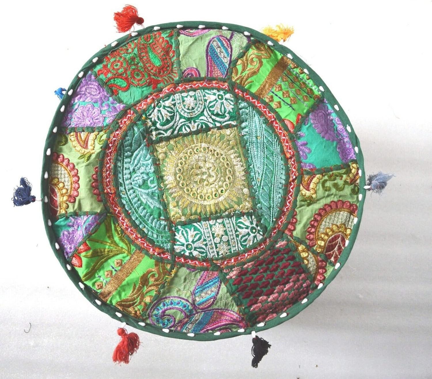 Indian Floor Ottoman Cover Pouffe Cotton Patchwork Embroidered Decor Seating (22 x 22 x 14 Inch)