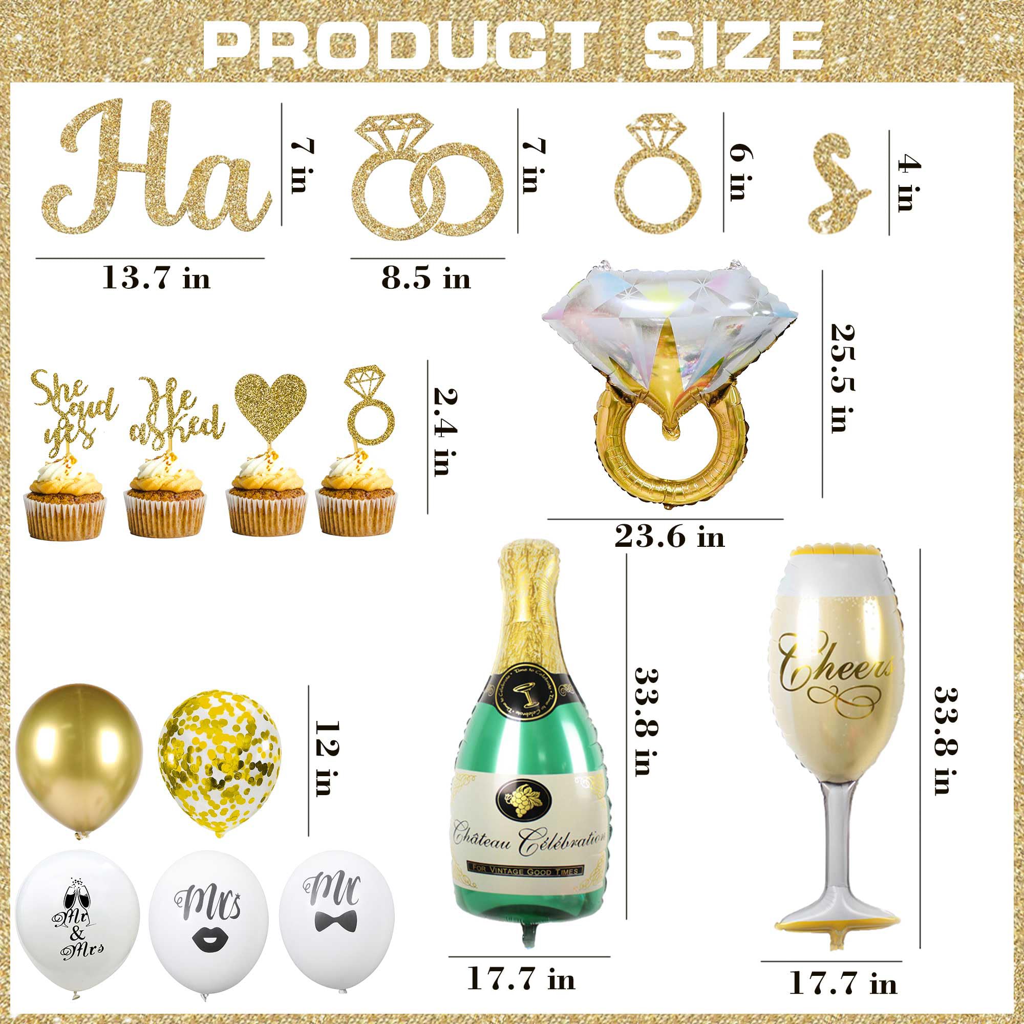 Kit Decorazioni Per Fidanzamento Oro 35 Pezzi - Striscioni Happy Engagement, She Said Yes, Palloncini Glitter, Topper Cupcake - 2