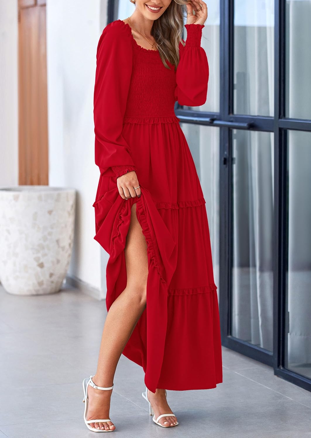 PRETTYGARDEN Fall Wedding Guest Dresses for Women 2025 Long Sleeve Square Neck Tiered A Line Modest Elegant Flowy Dresses - Image 8