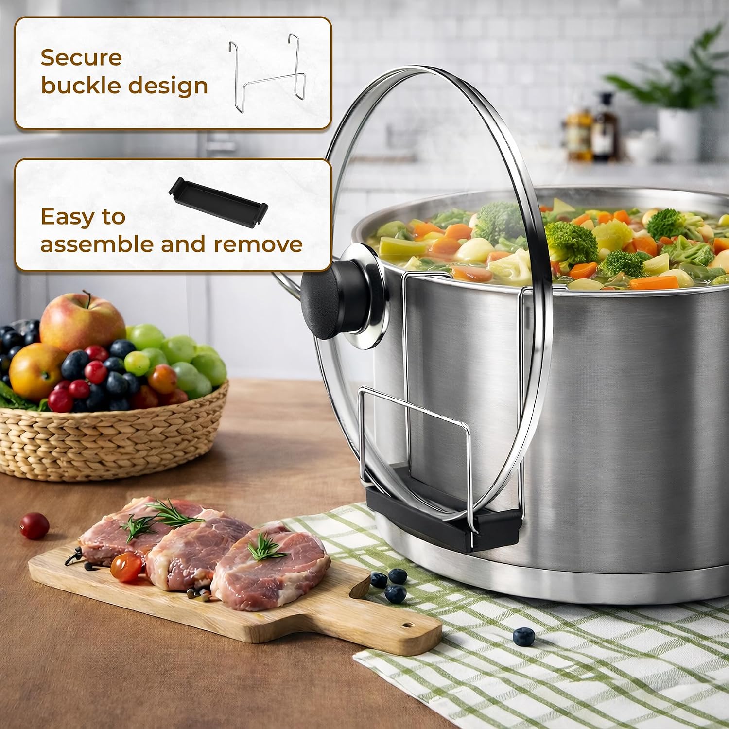 2PCS Chafing Dish Lid Holder - Slow Cooker Lid Holder for Cooking, Pot Rack with Silicone Sink Tray, Keeps Countertop No Mess & Holds Lids Securely, Stainless Steel Black Crock Mess-Free Utensil Rest