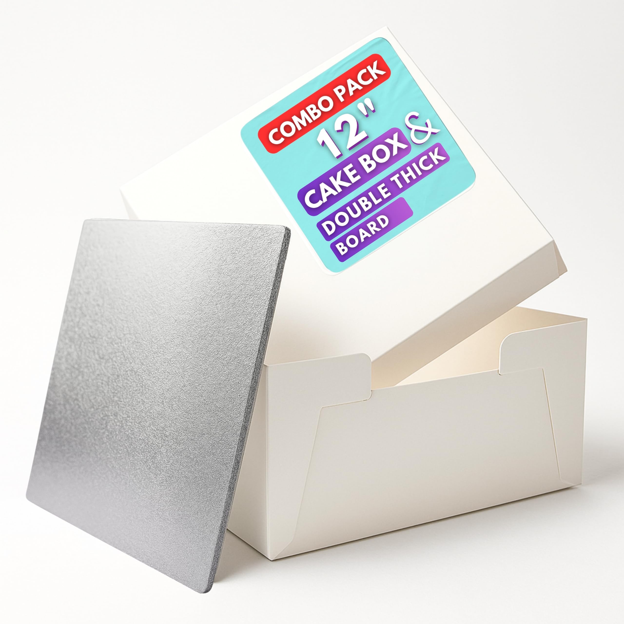 Pack N Trade 12 Inch White Cake Box & 12″ Silver Foil Square Cake Board Combo – 3mm Double Thick MDF Board, Reusable & Sturdy Cake Base, Ideal for Safely Carrying and Transporting Cakes