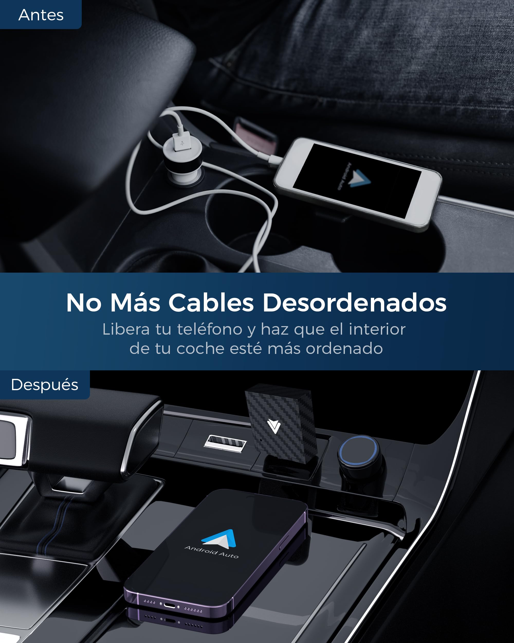 Adaptador Android Auto Inalámbrico, Bluetooth V5.3 Conexión Estable, 5.8GHz WiFi de Alta Velocidad, USB A/C, para Smartphone Android 11+, Convierte Conexión con Cable en Inalámbrica