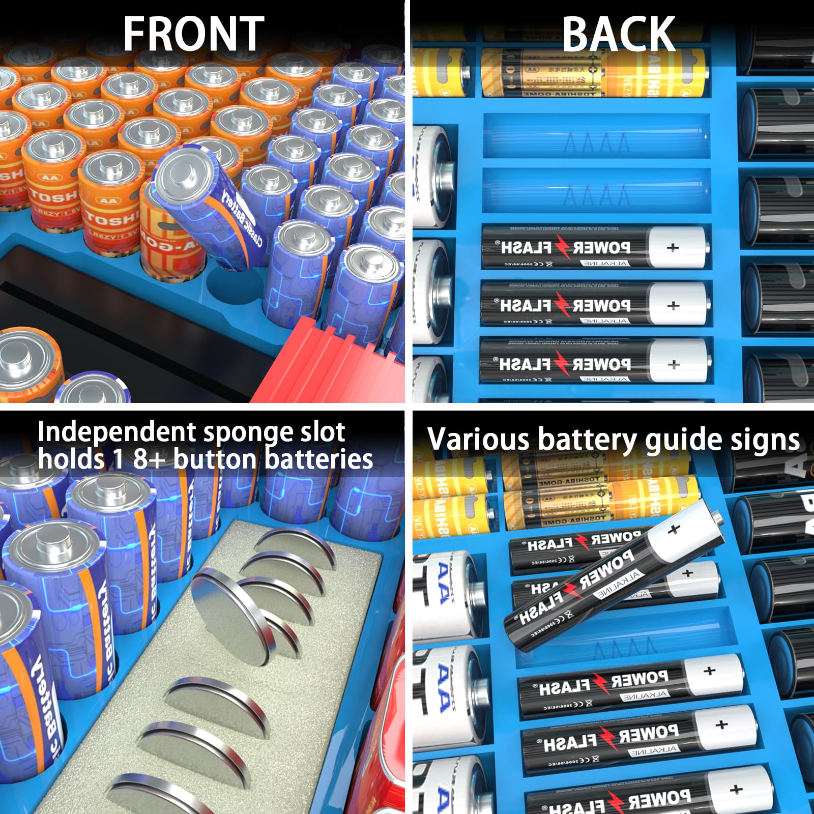 Grande capacità 269 Battery Organizer Case con tester, doppio lato porta batteria contenitore per batterie AA AAA AAAA C D 9V al litio 3V CR123 CR1632 18650 (solo scatola) (blu)