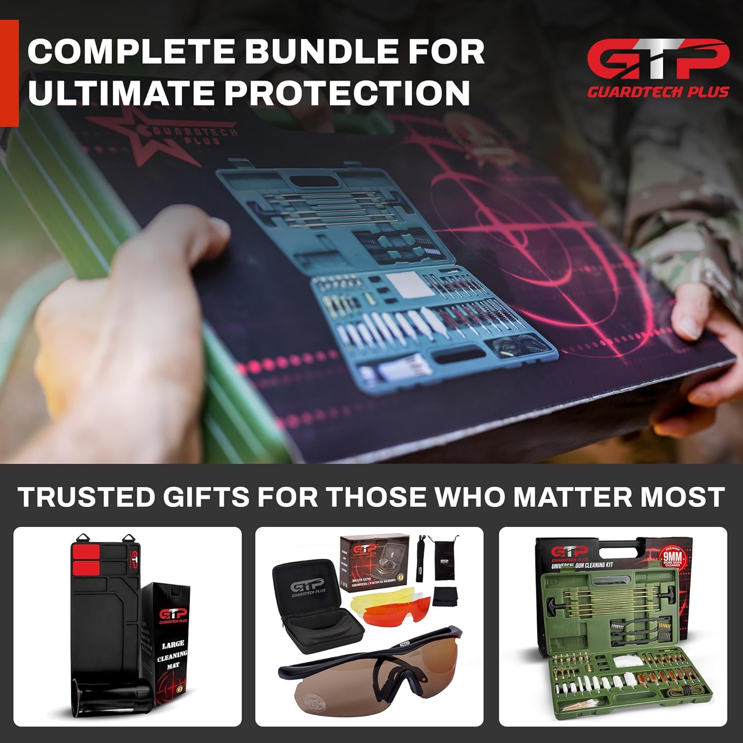 Ultimate Gun Care Bundle: Universal Gun Cleaning Kit, Rubber Gun Cleaning Mat, and Shooting Glasses with UV Protection