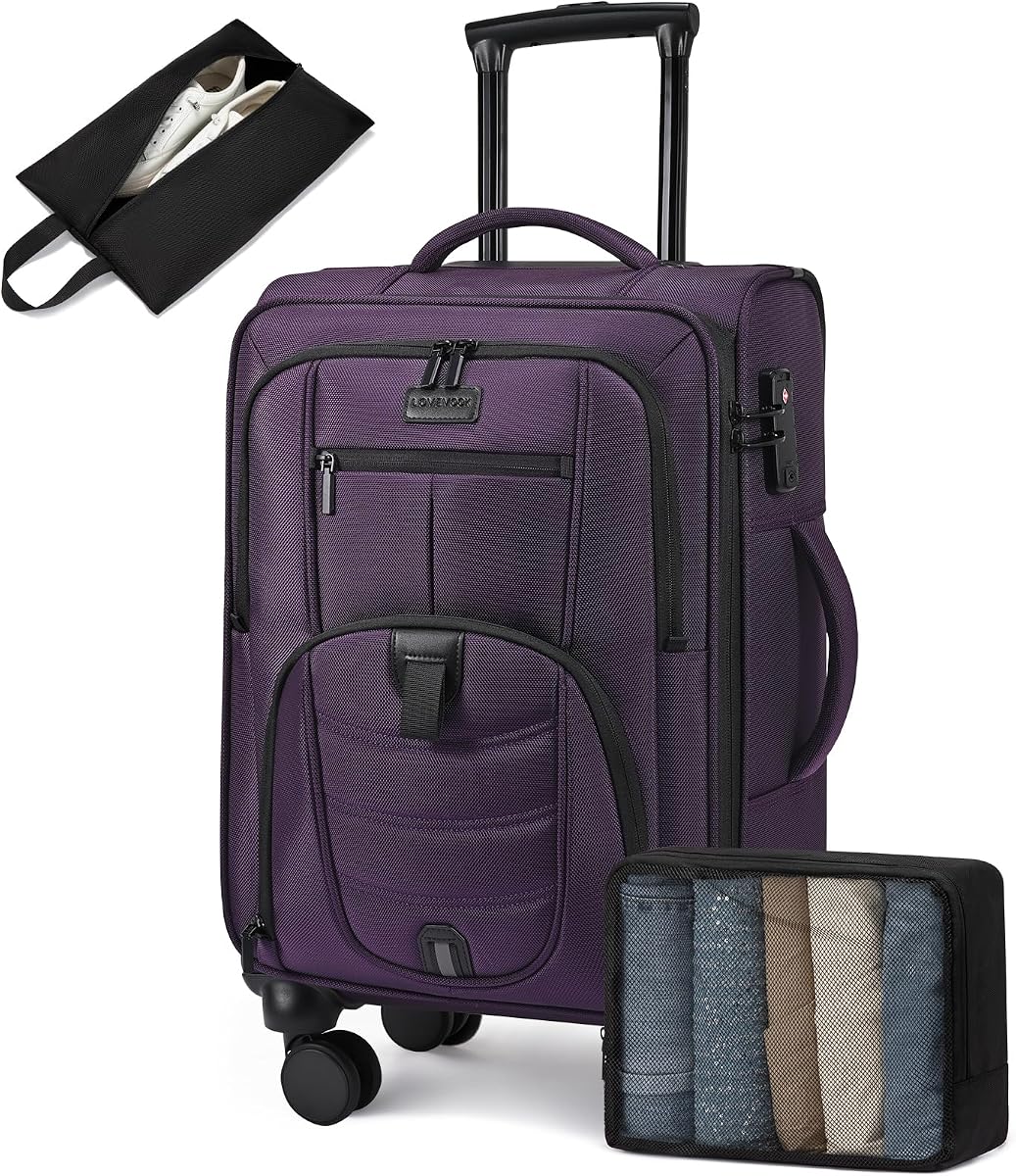 Equipaje de mano 22x14x9 aprobado por aerolínea con candado TSA para viajes de negocios | con 2 cubos de embalaje, ruedas giratorias silenciosas de 360°, compartimento frontal para computadora portátil, equipaje de mano de viaje suave que cabe en el techo