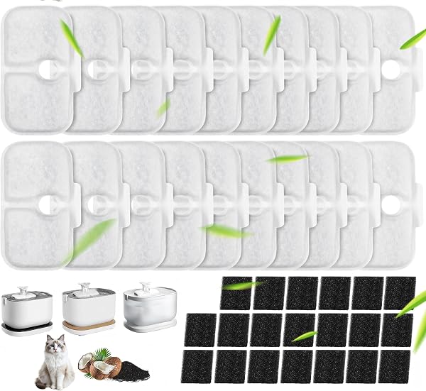 40 Stück Katzenbrunnen Filter Ersatzfilter für Petlibro Dockstream Trinkbrunnen kompatibel mit PLWF005 PLWF115 PLWF105, 20 Kohlefilter und 20 Schwämm - 1