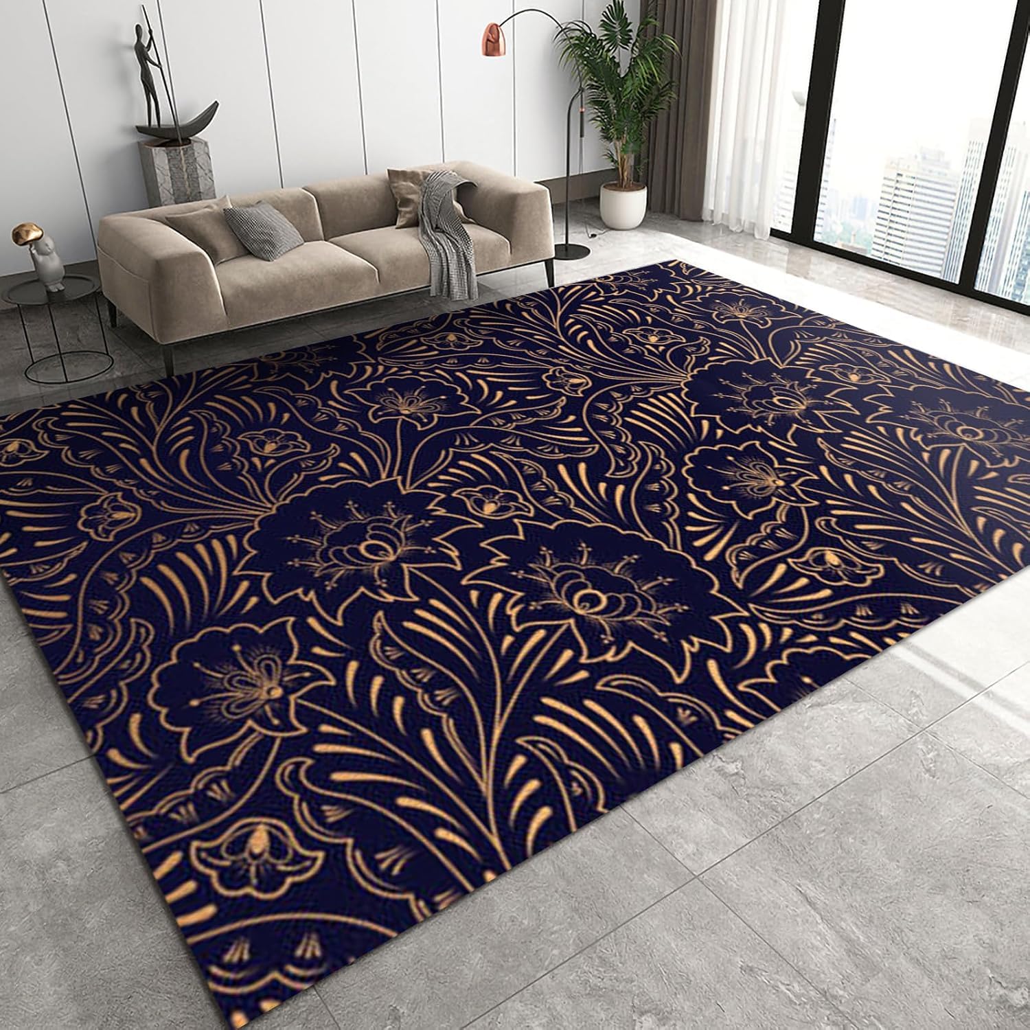 Tapis de salon intérieur extérieur à motifs plantes et fleurs 100x150cm