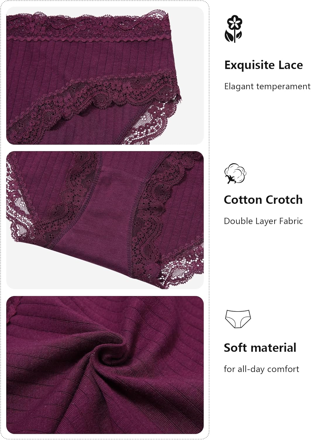 LEVAO Cotton Underwear for Women Lace Cheeky Bikini Panties Full Coverage Soft Stretch Hipster Ladies Briefs 6 Pack S-XL - Image 4