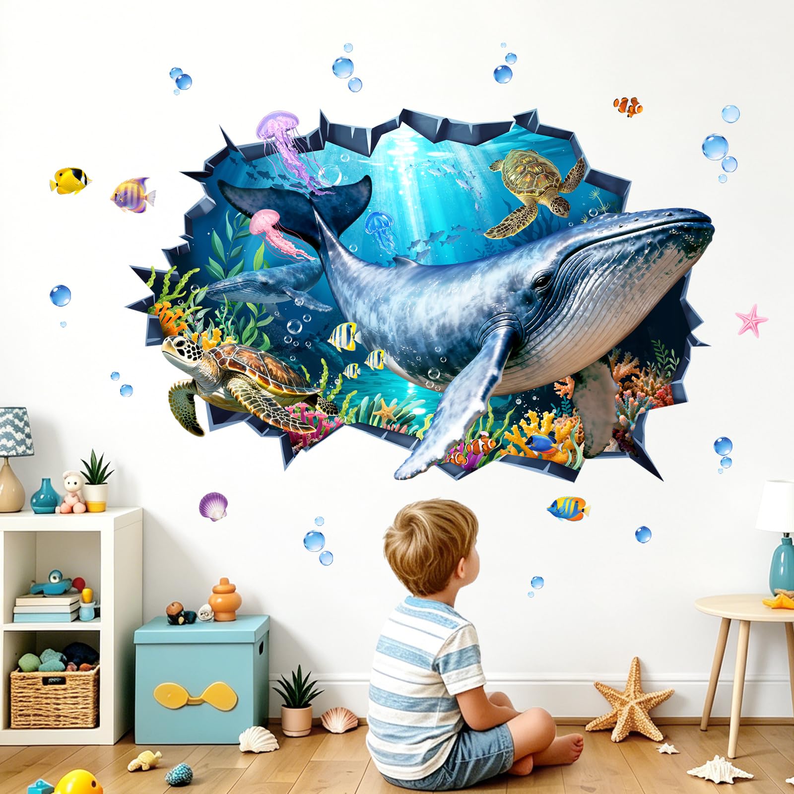 Tanlaby 3D Under The Sea Ocean Wall Stickers Marine Fish Sea Turtle Whale Wall Decals for Kids Toddlers Bedroom Living Room Baby Nursery Wall Decor