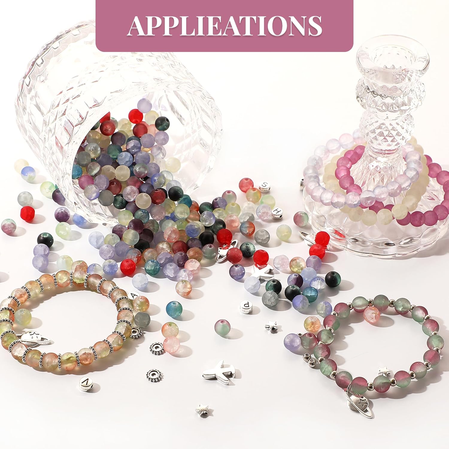 690pcs Frosted Lunar Glass Beads for Bracelets Making, 24 Colors Crystal Beads with Accessories Jewelry Making Kit, 8mm Round Coloured Glaze Beads for DIY Bracelet Crafts, Gifts for Beginners Men - Image 4