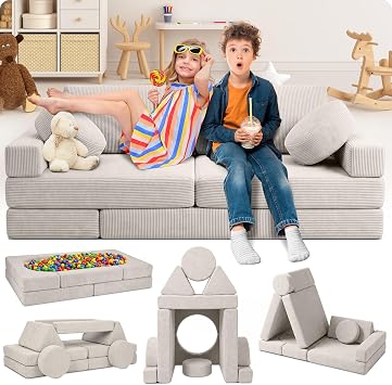 Lunix Modular Kids Play Couch, 14-Piece Sectional Sofa, Beige | Playroom furniture for building forts, slides & reading nooks from toddlers to preteens
