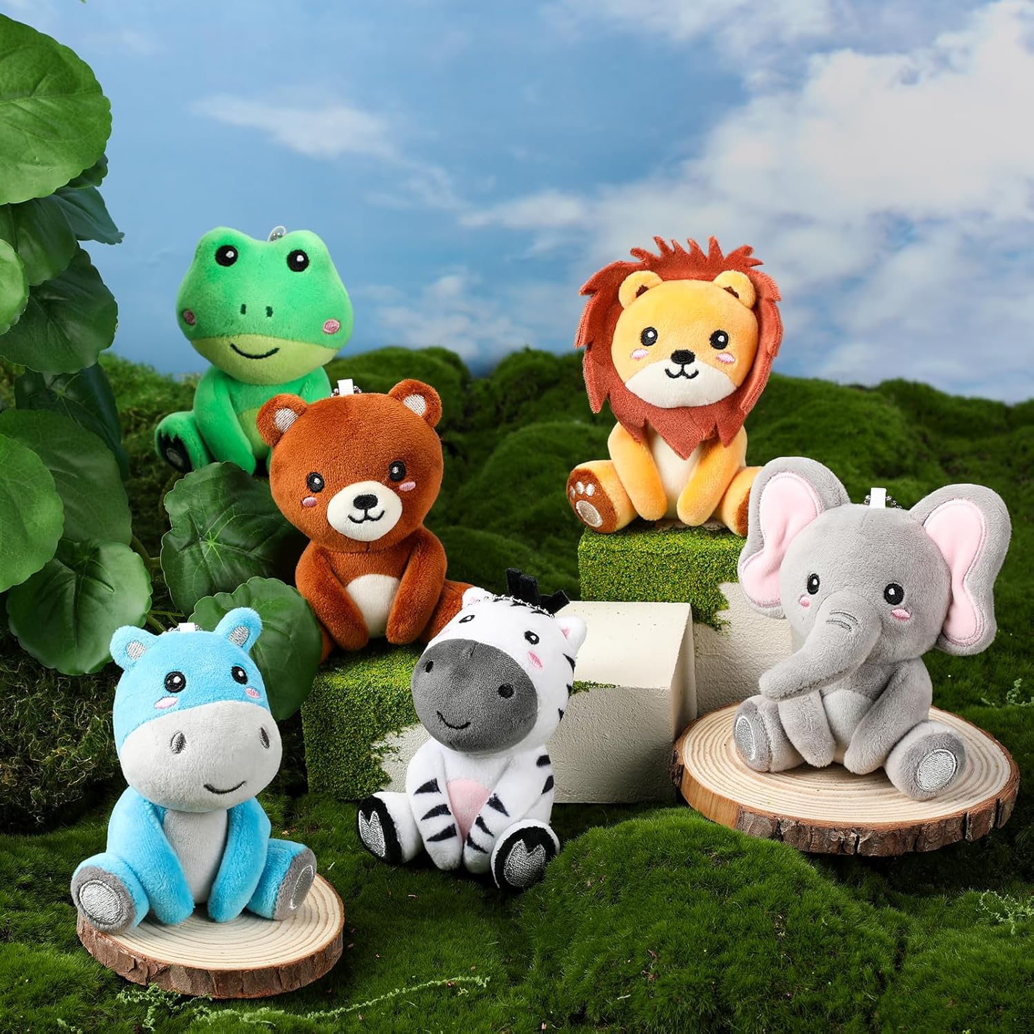 Aoriher 6 Pcs Mini Stuffed Forest Animal Bulk Jungle Animal Plush 4 Inch Plush Elephant Lion Tiger Giraffe Panda for Baby Shower Christmas Birthday Gift Stuffer Themed Party Decoration(Lively)