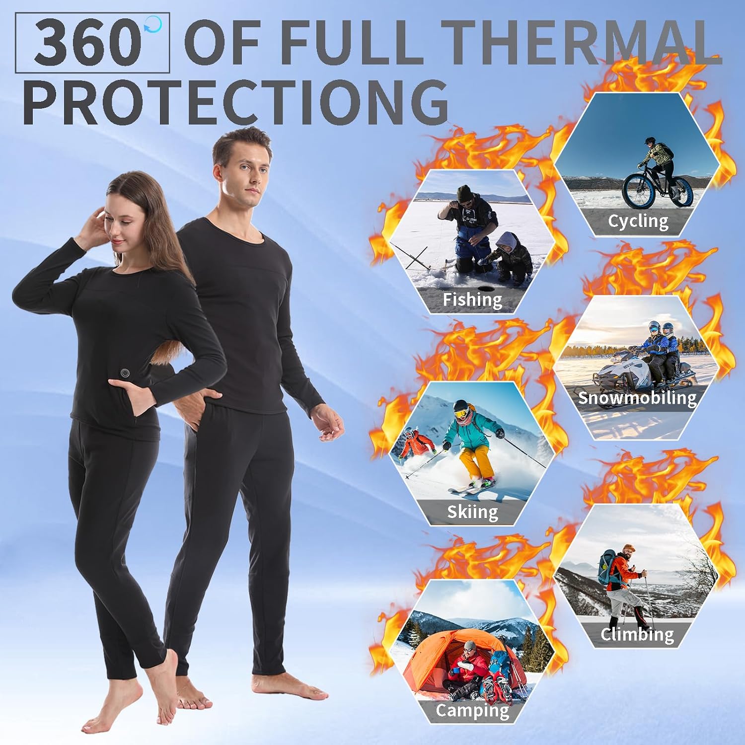22 Area Electric Heated Thermal Underwear, Long Johns Base Layer for Heating, Cold Weather Hunting, Skiing, Work