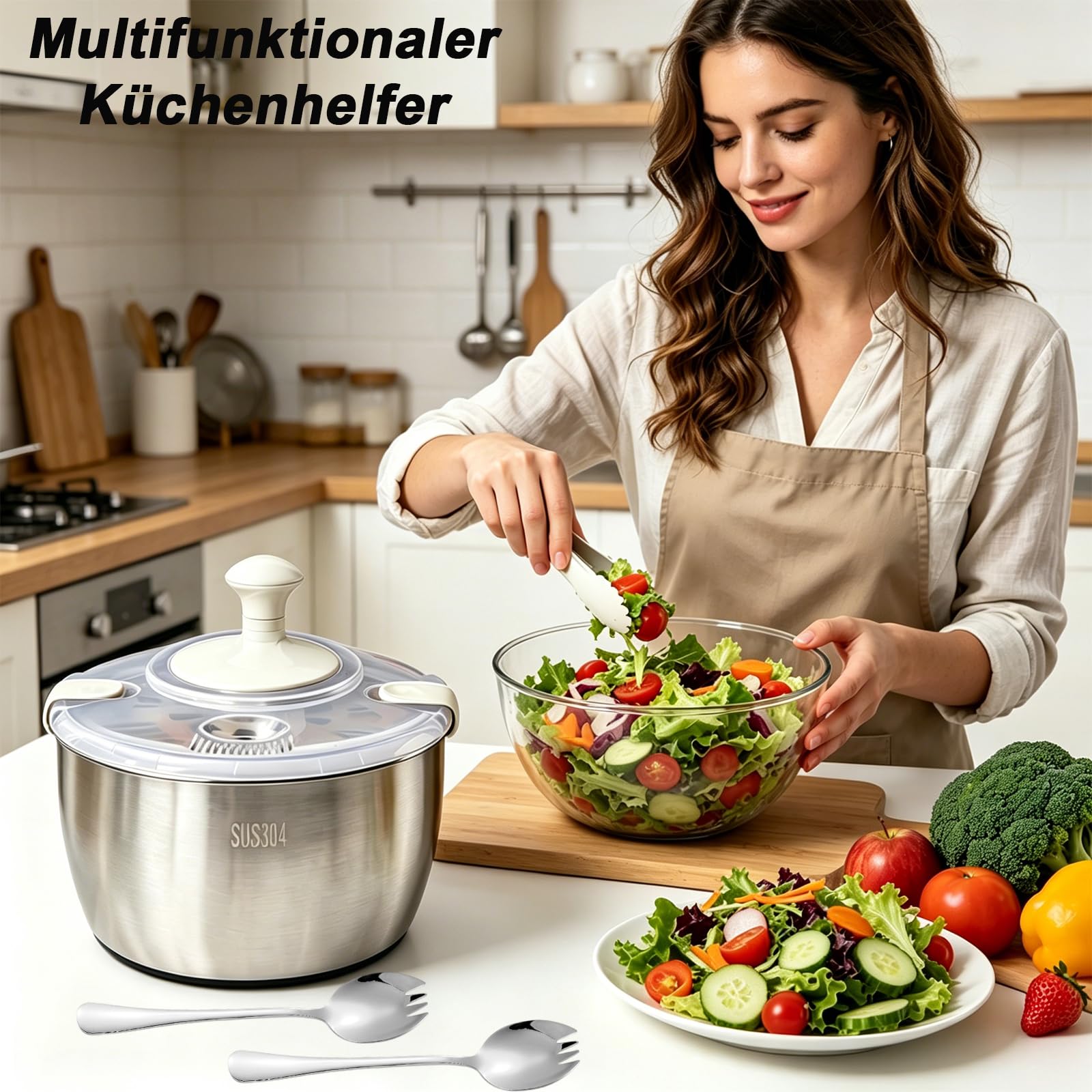 W&H Salatschleuder Edelstahl 5L,Salad Spinner mit Siebkorb und Drehdeckel,Spülmaschinengeeignet,BPA -frei Salatschleudern für Obst Gemüse Salat Zubereitung，Küchenhelfer Salatschleudern für Haushalt
