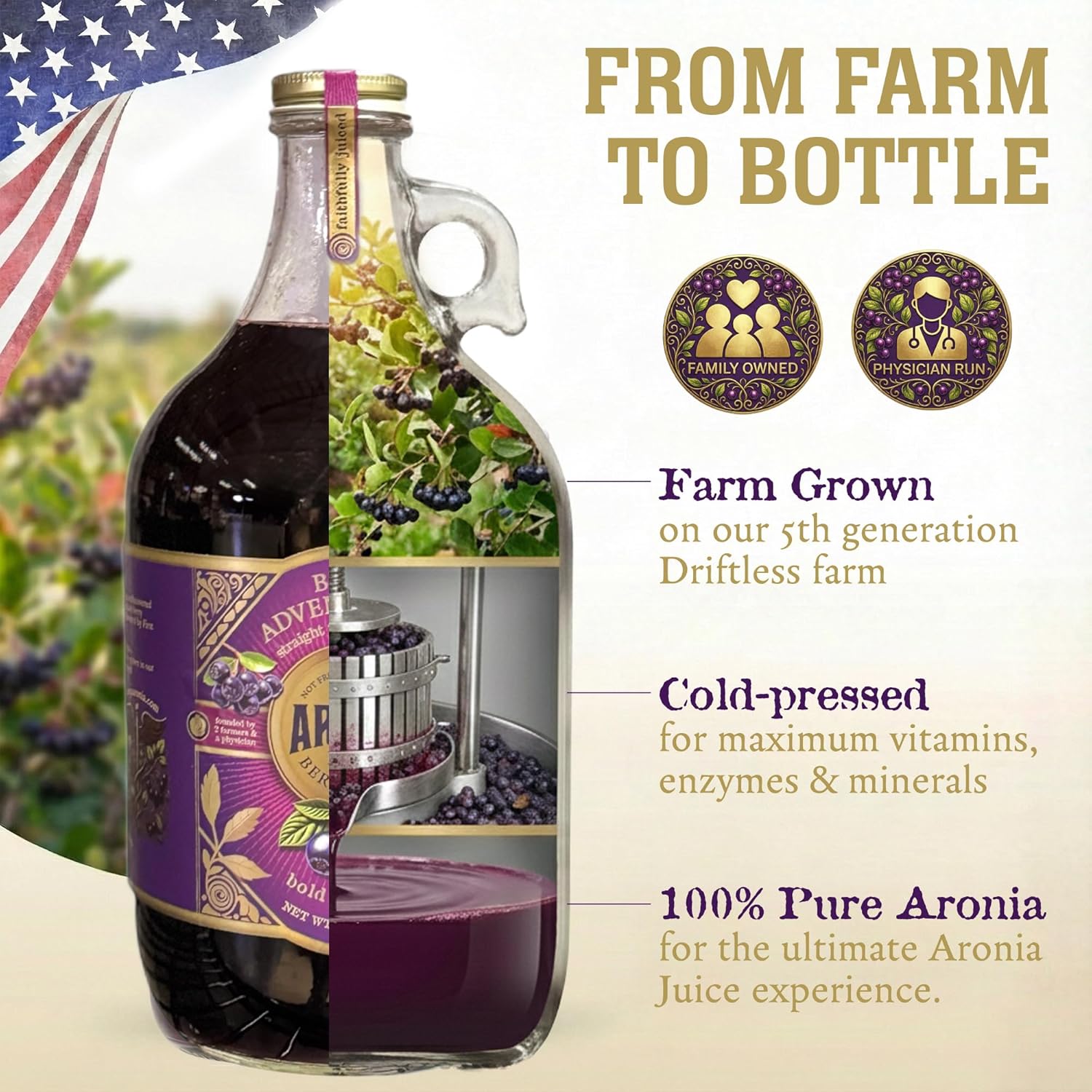Berry Adventurous Natural Aronia Berry Juice (62 Fl Oz) – Proudly 100% USA Grown, Full Strength, Cold Pressed, Semi-Sweet Aronia Juice – Packed with Powerful Antioxidants - Farmer Physician Founded: Viroqua Aronia.
