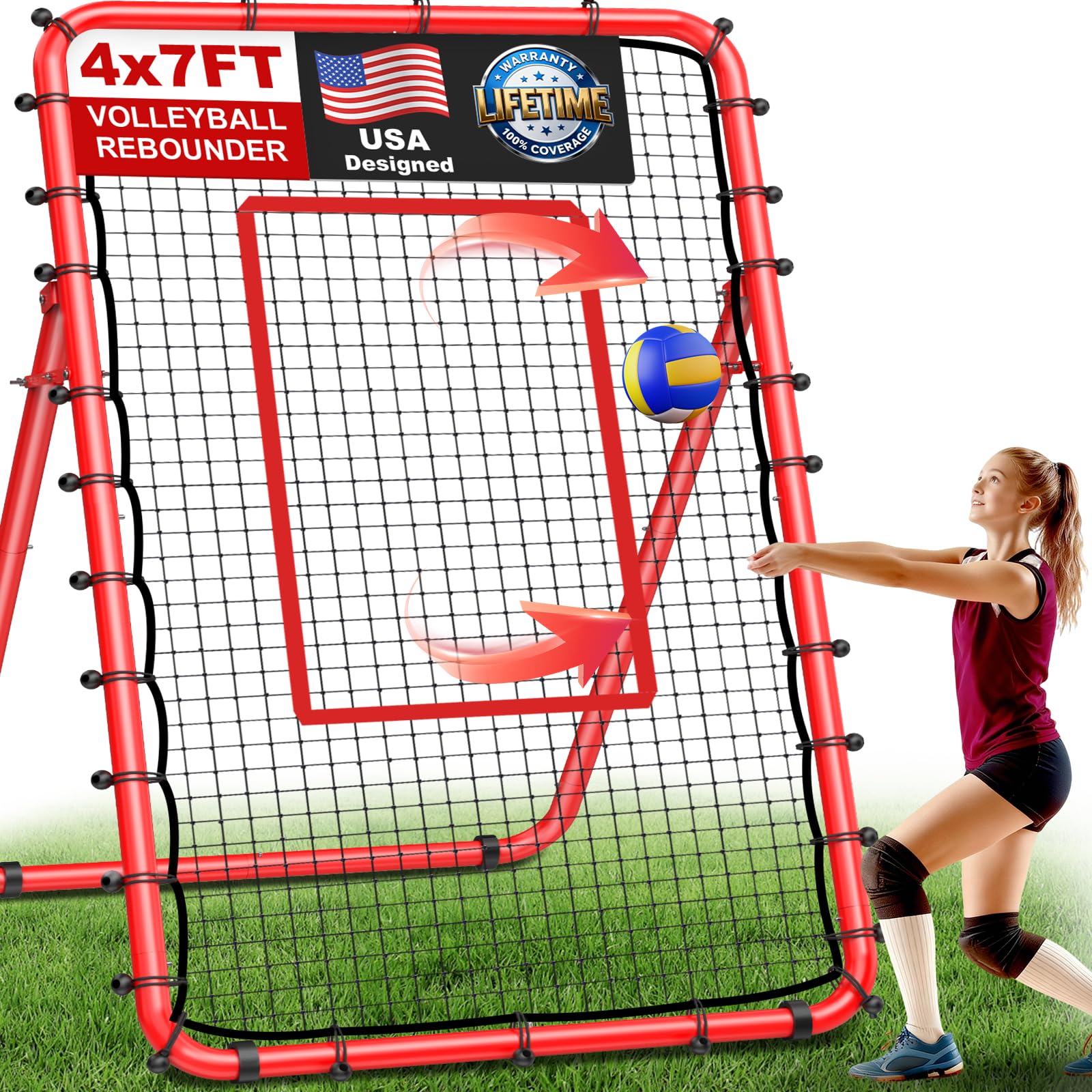 TomCare Red de rebote de voleibol de 7 x 4 pies, equipo de entrenamiento de voleibol con 5 ángulos ajustables, red de práctica de voleibol para golpes y pinchos, portátil y estable, red de rebote para