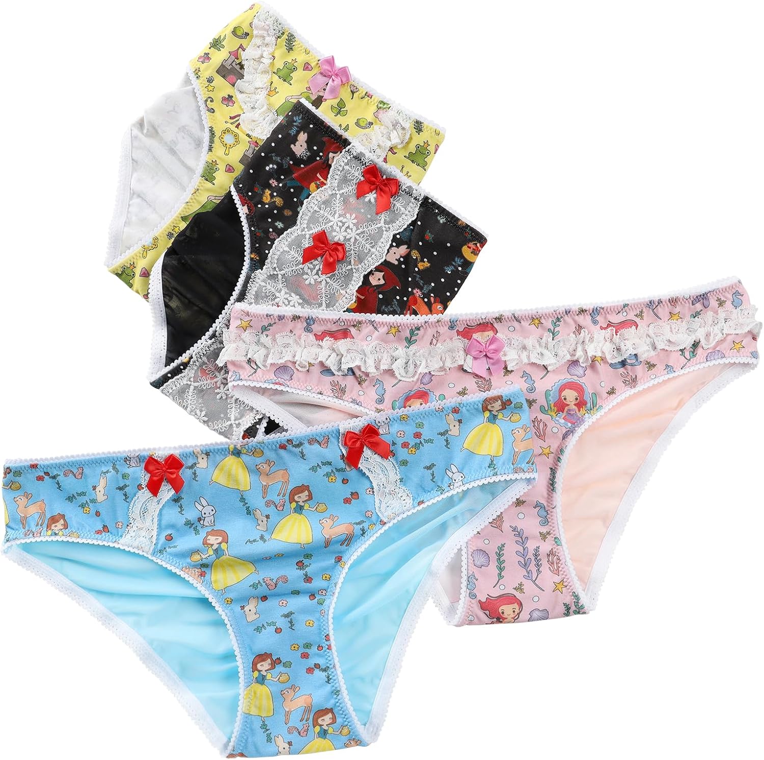 Littleforbig Women's Ladies Soft Cotton Underwear Comfortable Hipster Briefs Fairytale Princess 4 Pack Panties Set