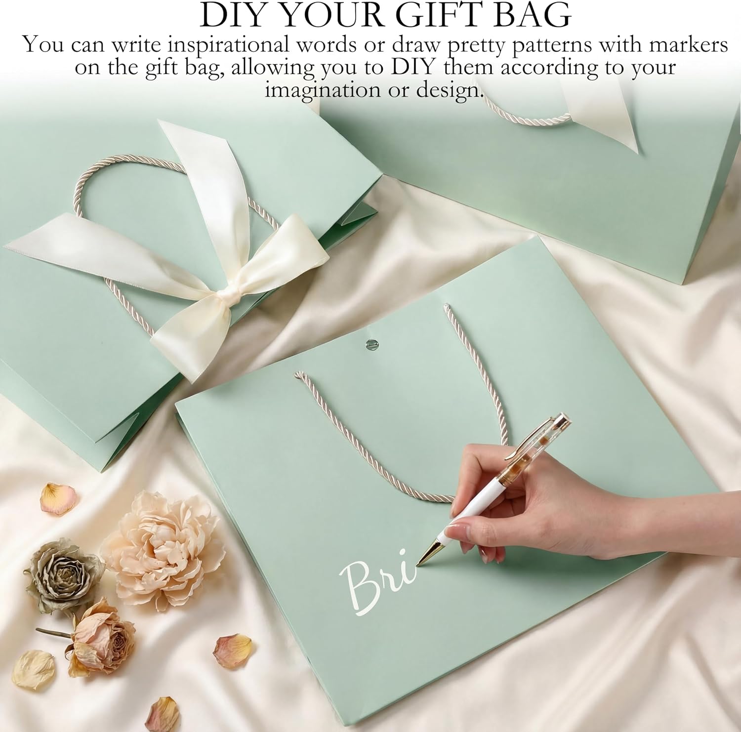 Silkfly 12 Pcs Paper Gift Bags with Handles & Bow Ribbon, Sage Green image 3