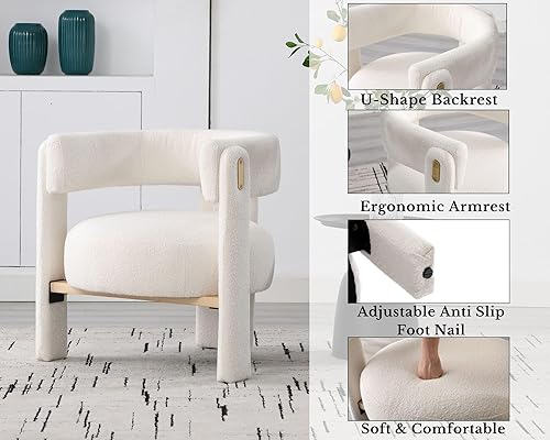 Miniatura 4 de White Boucle Barrel - Silla decorativa de barril, cómoda silla tapizada para sala de estar, silla de lectura moderna de mediados de siglo con