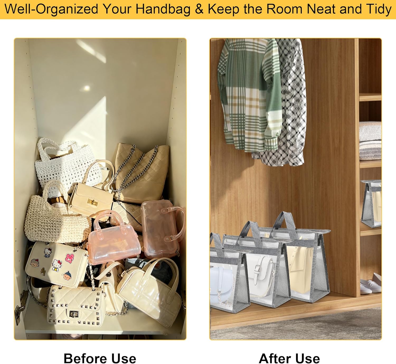 12 Packs Clear Handbag Storage Organizer, 4 Sizes Grey Dust Bags for Closet, Purse Organizer with Zipper Handle and 12 Pcs Hooks