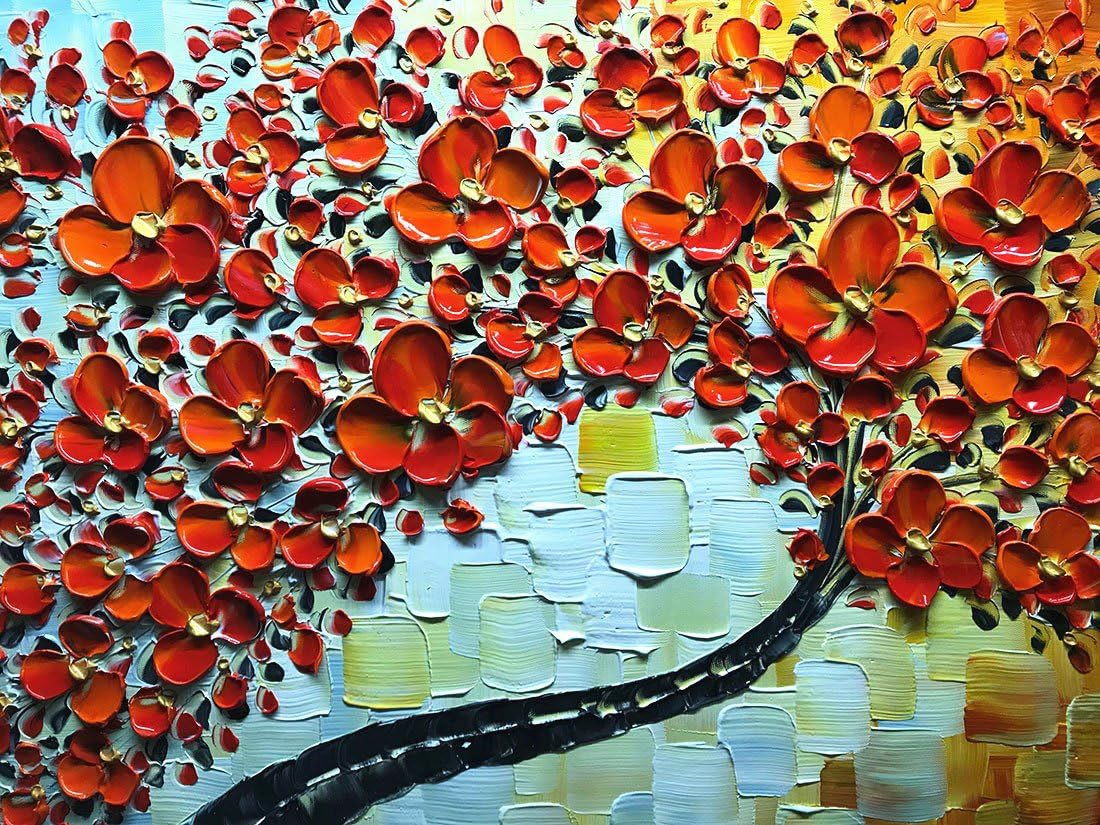 Asdam Art - Maple Tree 100% Hand Painted Paintings Red Pictures Abstract Art Large Wall Art for Living Room Artwork on Canvas Ready to Hang Framed Art for Bedroom Living Room (24X48 inch)