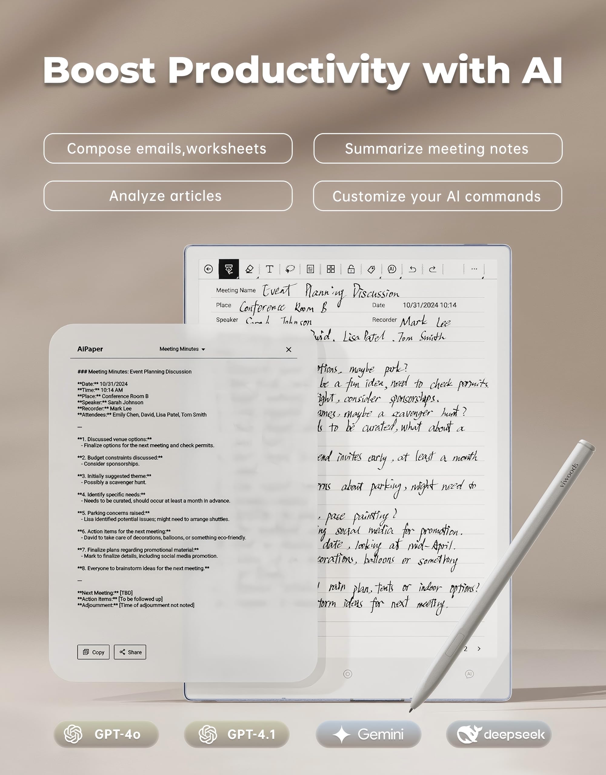 VIWOODS Upgraded Bundle with AiPaper, Stylus Pro and 5 Nibs, Carta 1300 AI E Ink Tablet, 10.65'' 300PPI Electronic Notebook with Pen, Ultra-Thin 4.5mm, Lightweight 370g, 128GB Note-Taking Device — view 7