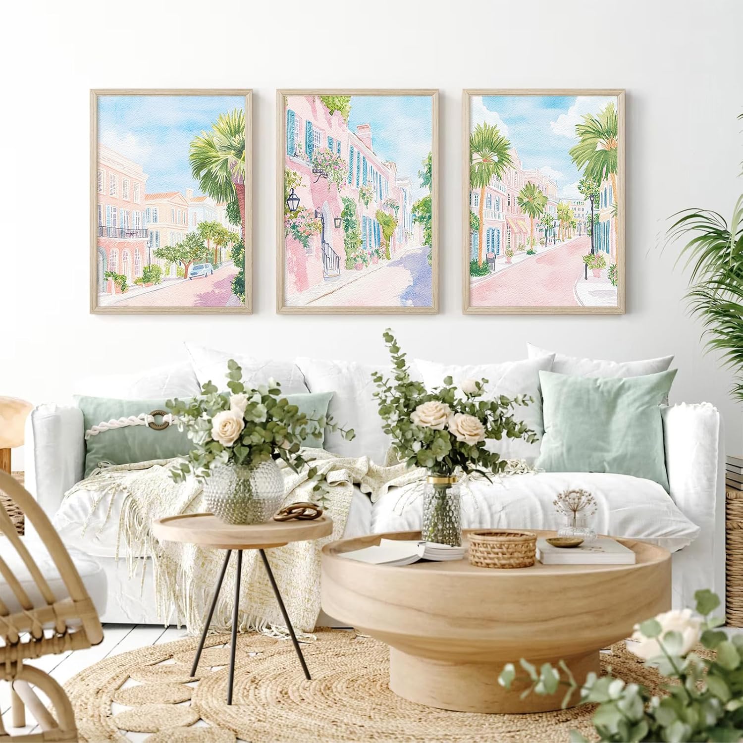 Charleston South Carolina Wall Art Preppy Watercolor Posters Pastel Coquette Canvas Wall Art Decor Trendy Coastal Aesthetic Prints Pink Blue Watercolor Painting for Bedroom 12x16x3 Inch Wood Framed