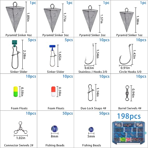 Saltwater Surf Fishing Tackle Kit Fishing Gear Tackle Box with Tackle Included Fish Finder Rigs Pompano Rig Pyramid Sinker Weight Fishing Hook Swivels Fishing Beads Accessories