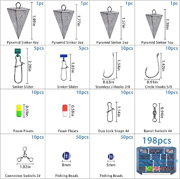 Saltwater Surf Fishing Tackle Kit Fishing Gear Tackle Box with Tackle Included Fish Finder Rigs Pompano Rig Pyramid Sinker Weight Fishing Hook Swivels Fishing Beads Accessories